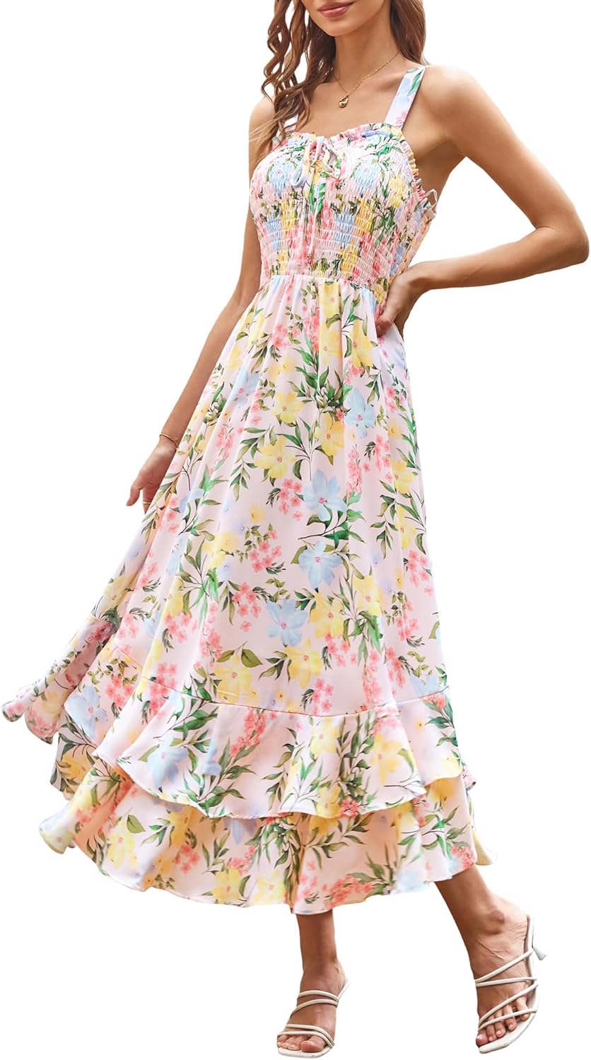 GRACE KARIN Women's 2026 Summer Floral Boho Dress Square Neck Strapped Swing A Line Sundress Beach Long Maxi Outfits
