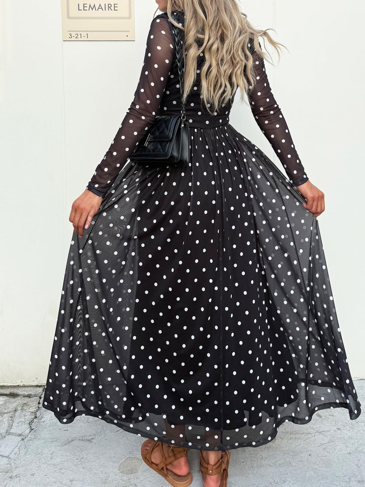Women's Maxi Dress 2026 Spring Long Sleeve Crewneck Mesh Floral Dress Drop Waist Party Wedding Guest Dresses