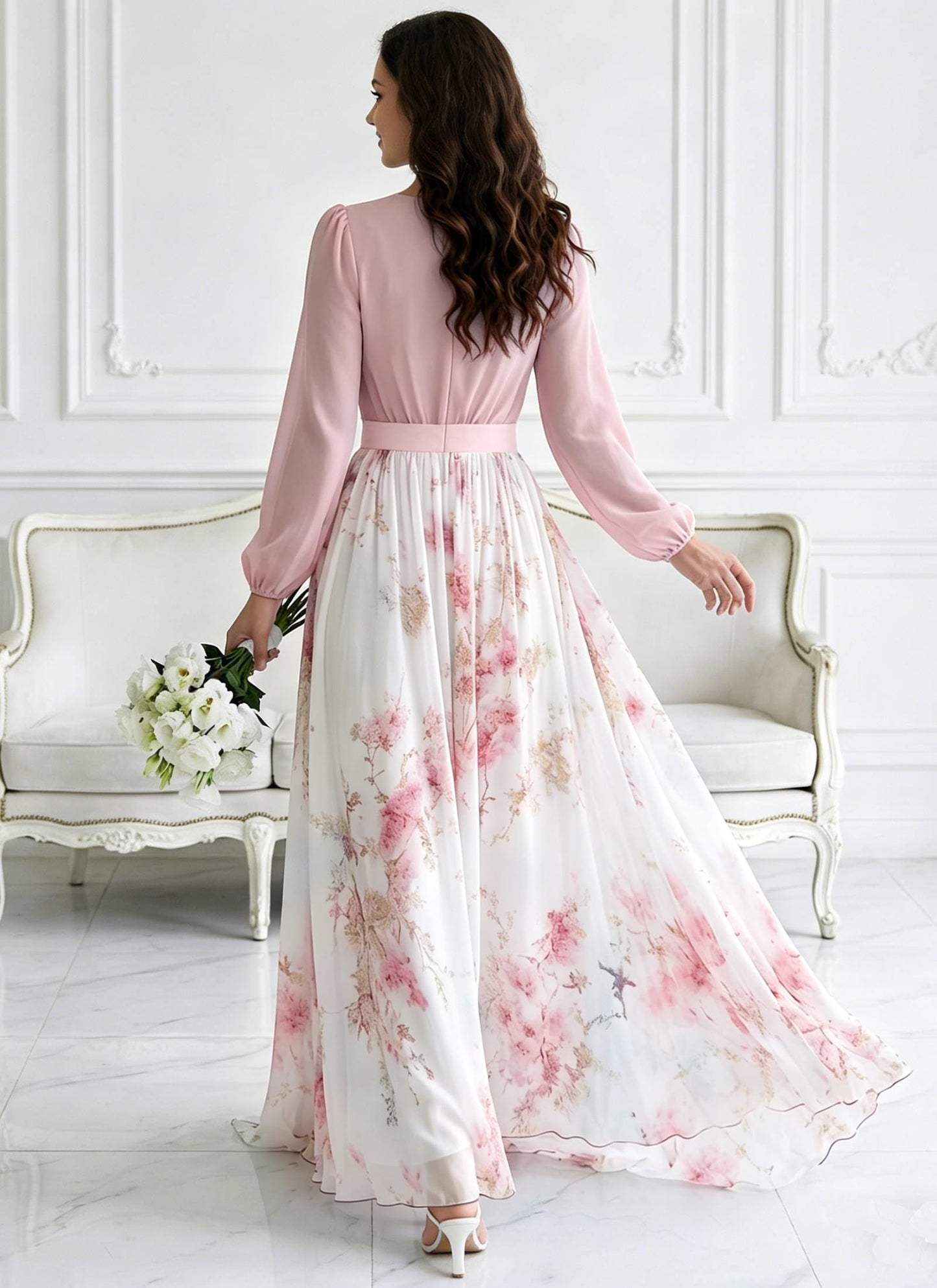 Women's Boho Floral Chiffon Maxi Dresses 2026 Summer Casual Long Sheer Sleeve Deep V Neck A-Line Beach Vacation Dress