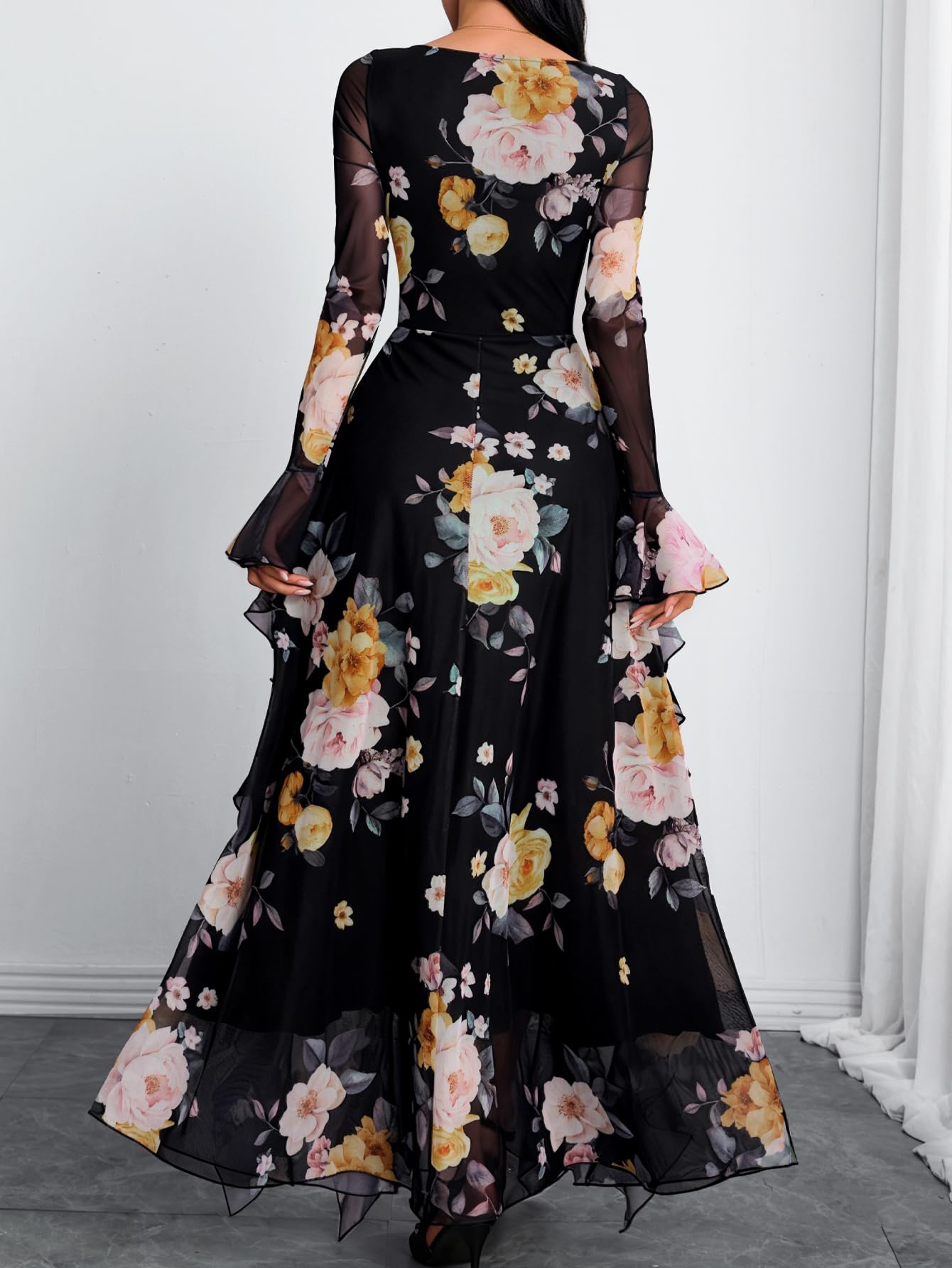 GothDark Women's Floral Dress Mesh Sheer Long Sleeve Square Neck Ruffle Layered Elegant Date Night Holiday Party Outfit