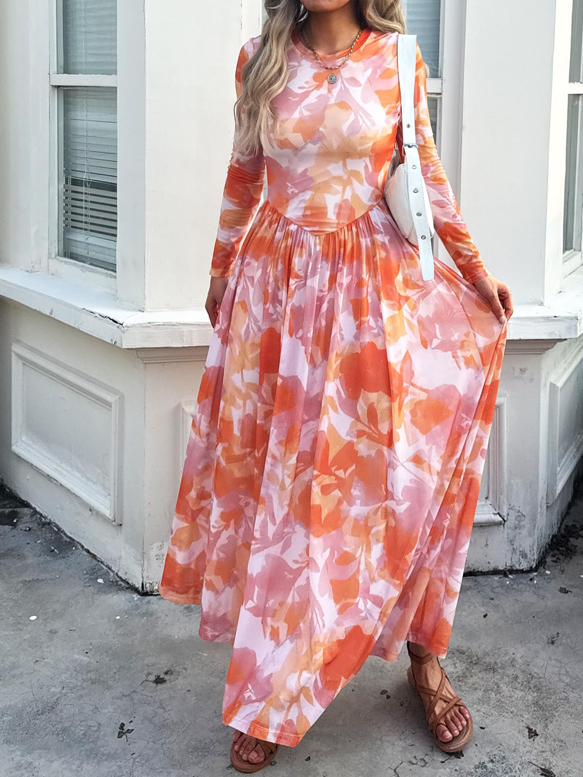 Women's Maxi Dress 2026 Spring Long Sleeve Crewneck Mesh Floral Dress Drop Waist Party Wedding Guest Dresses
