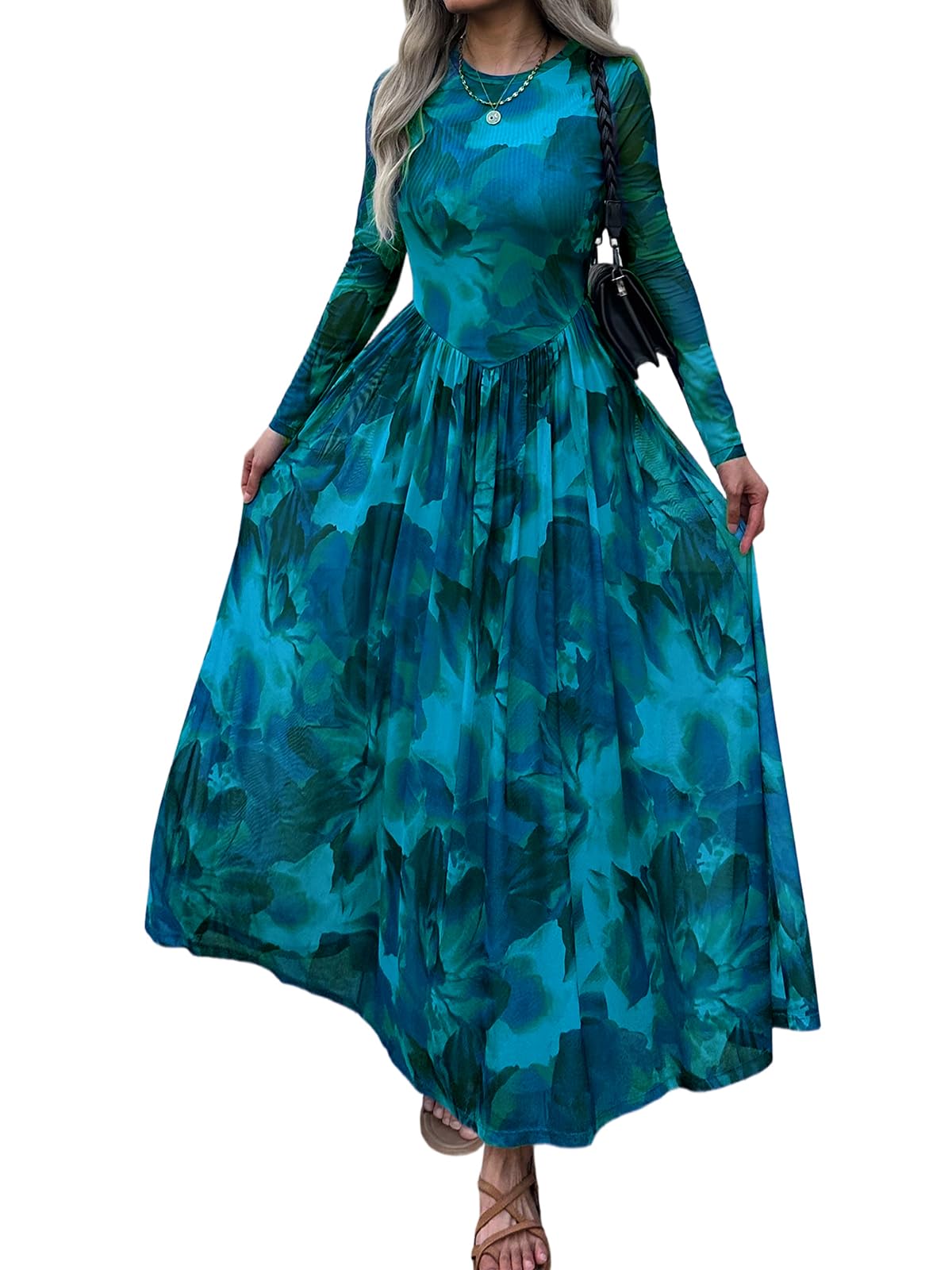 Women's Maxi Dress 2026 Spring Long Sleeve Crewneck Mesh Floral Dress Drop Waist Party Wedding Guest Dresses