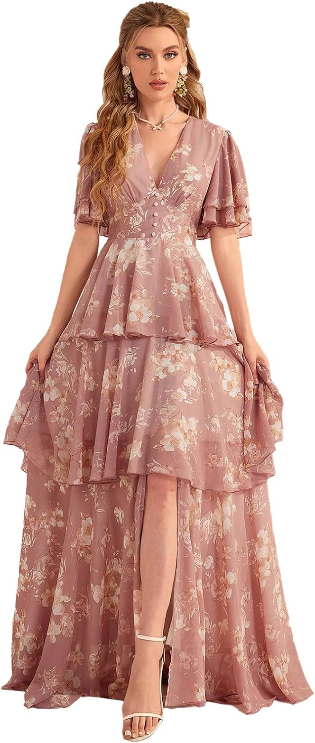 TOLEEN Summer Casual Dresses for Women 2024 Spring Fashion Boho V Neck Long Sleeve Ruffle Floral Print Elegant Maxi Dress