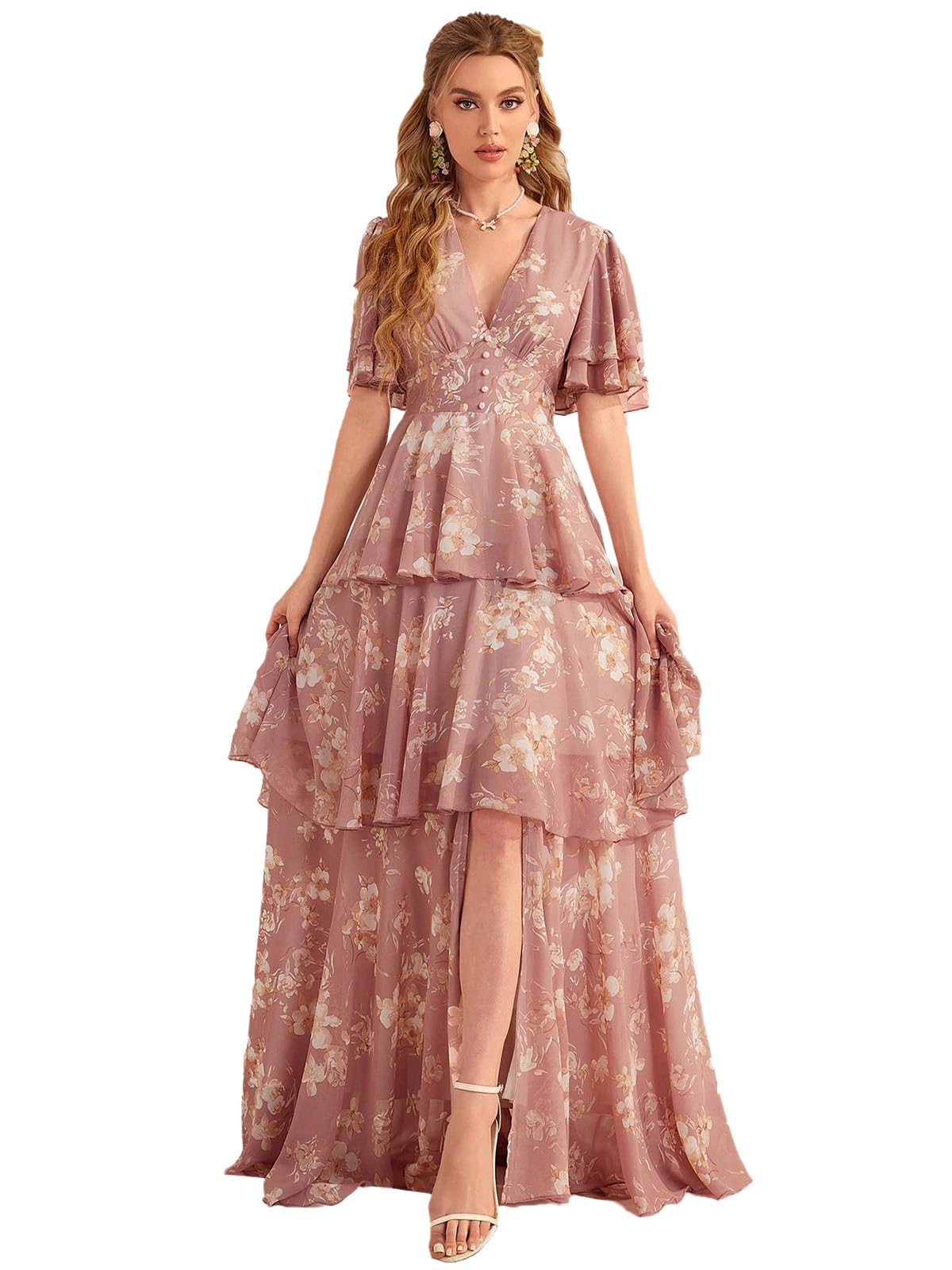 TOLEEN Summer Casual Dresses for Women 2024 Spring Fashion Boho V Neck Long Sleeve Ruffle Floral Print Elegant Maxi Dress