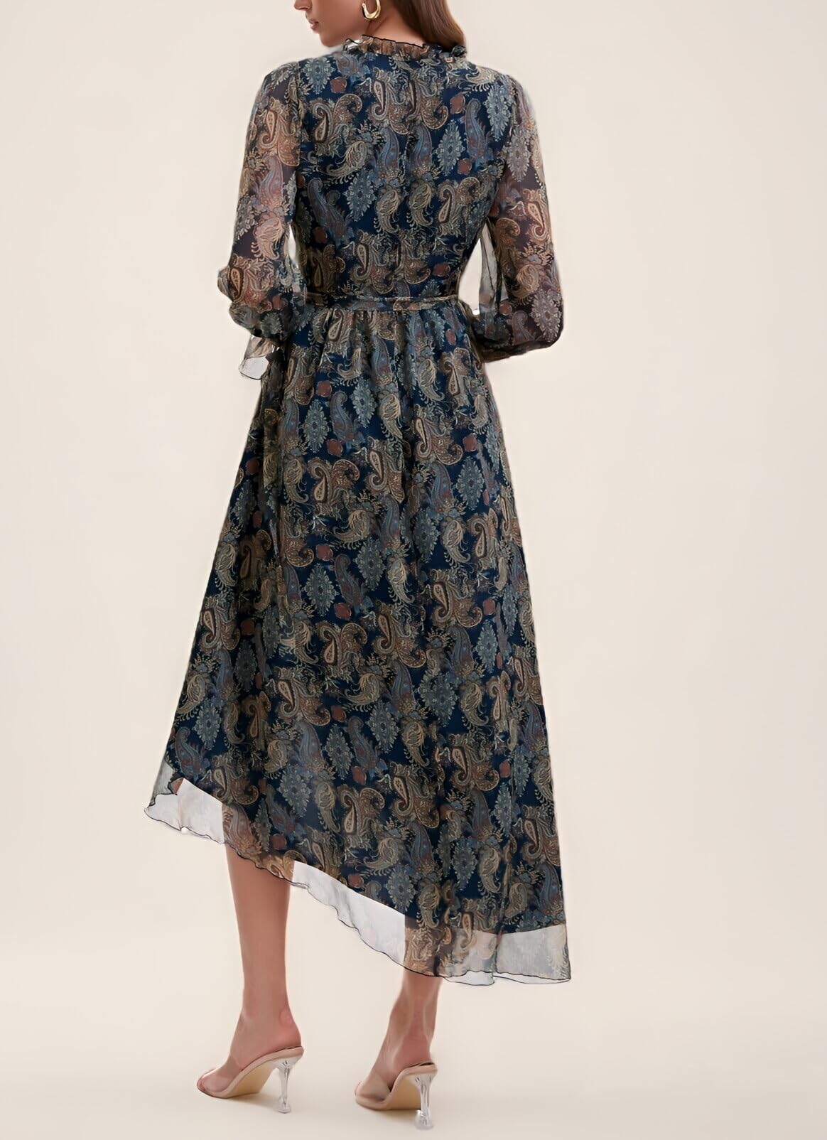Women's Bohemian Floral Print Tie-Waist Wrap Midi Dress - Long Sleeve V-Neck Asymmetrical Hem Flowy Chiffon Dress