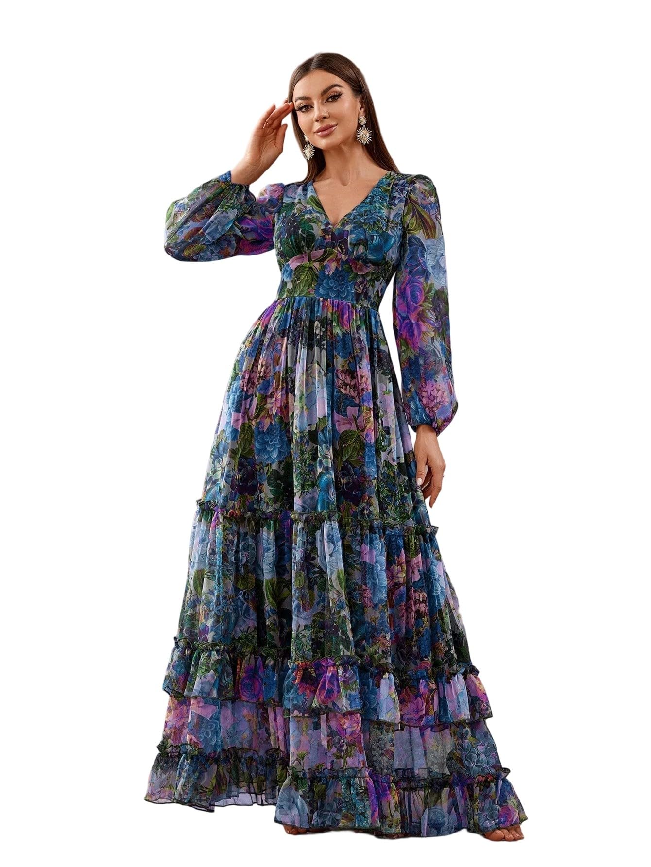 Womens Summer Dresses,Floral Patterns Vintage Elegant Cocktail Long Sleeve Boho Casual Maxi Wedding Guest Dresses for Women
