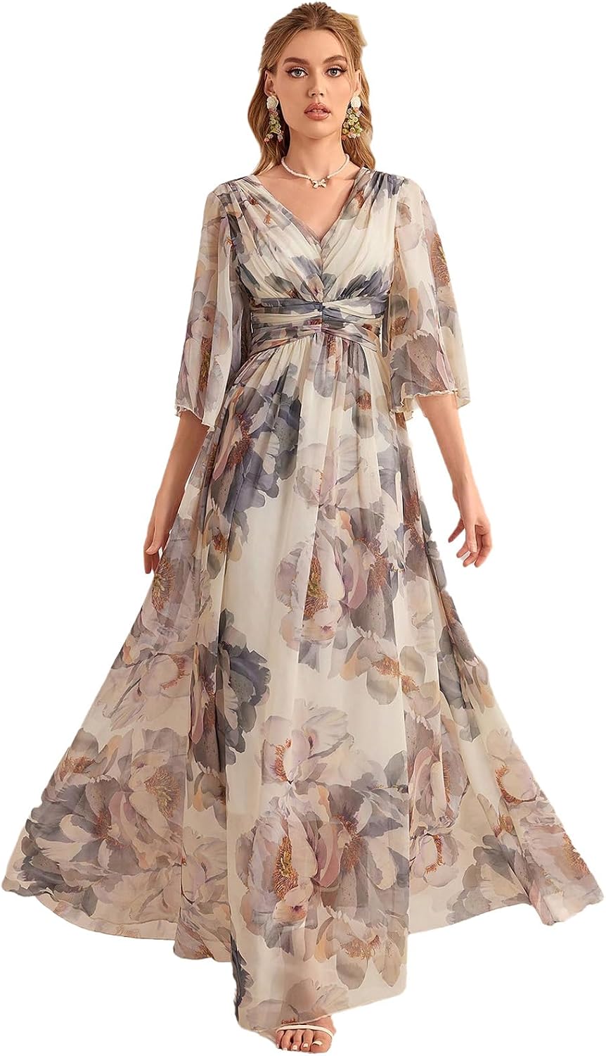 TOLEEN Summer Casual Dresses for Women 2024 Spring Fashion Boho V Neck Long Sleeve Ruffle Floral Print Elegant Maxi Dress