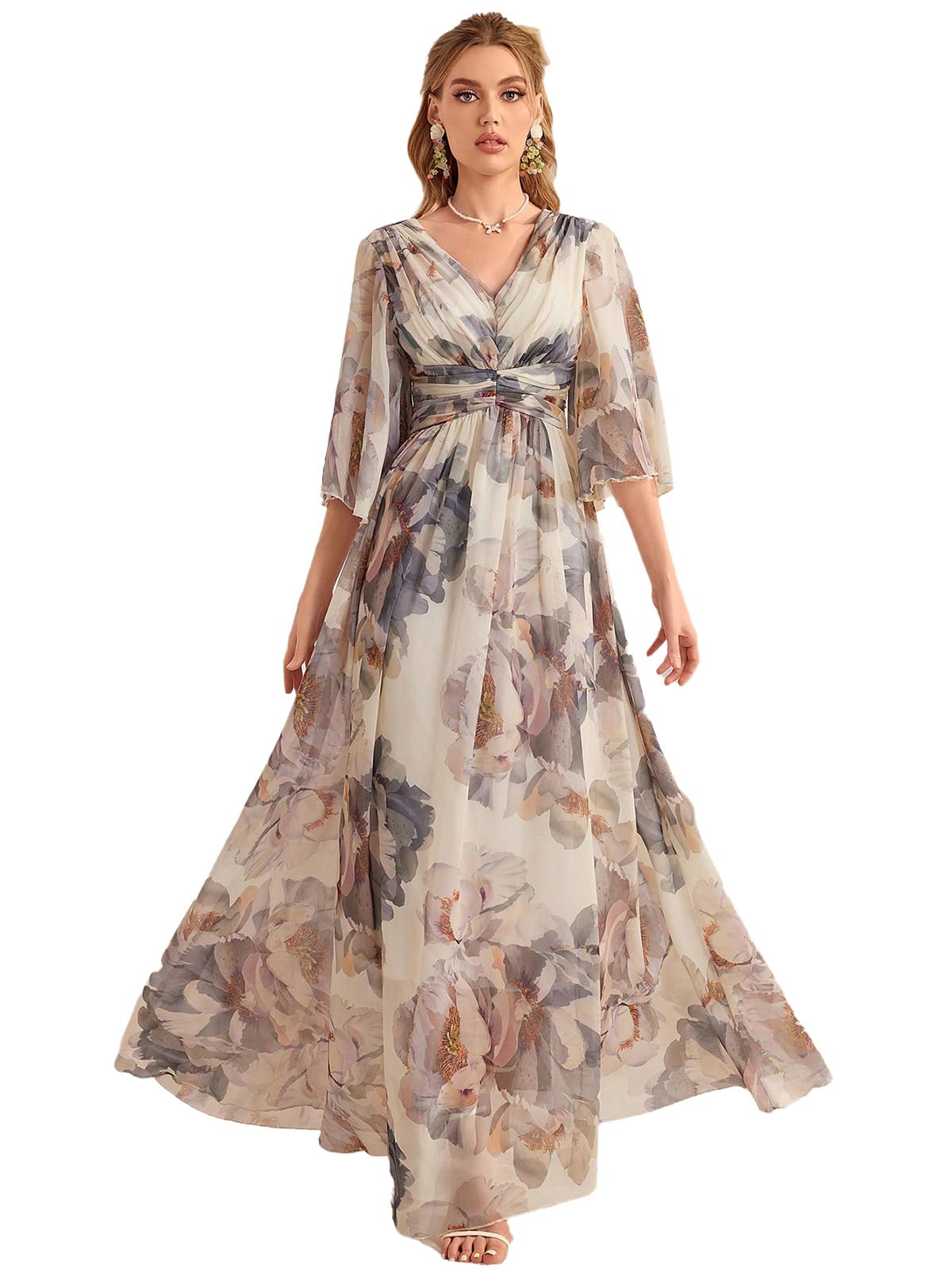 Womens Summer Dresses,Floral Patterns Vintage Elegant Cocktail Long Sleeve Boho Casual Maxi Wedding Guest Dresses for Women