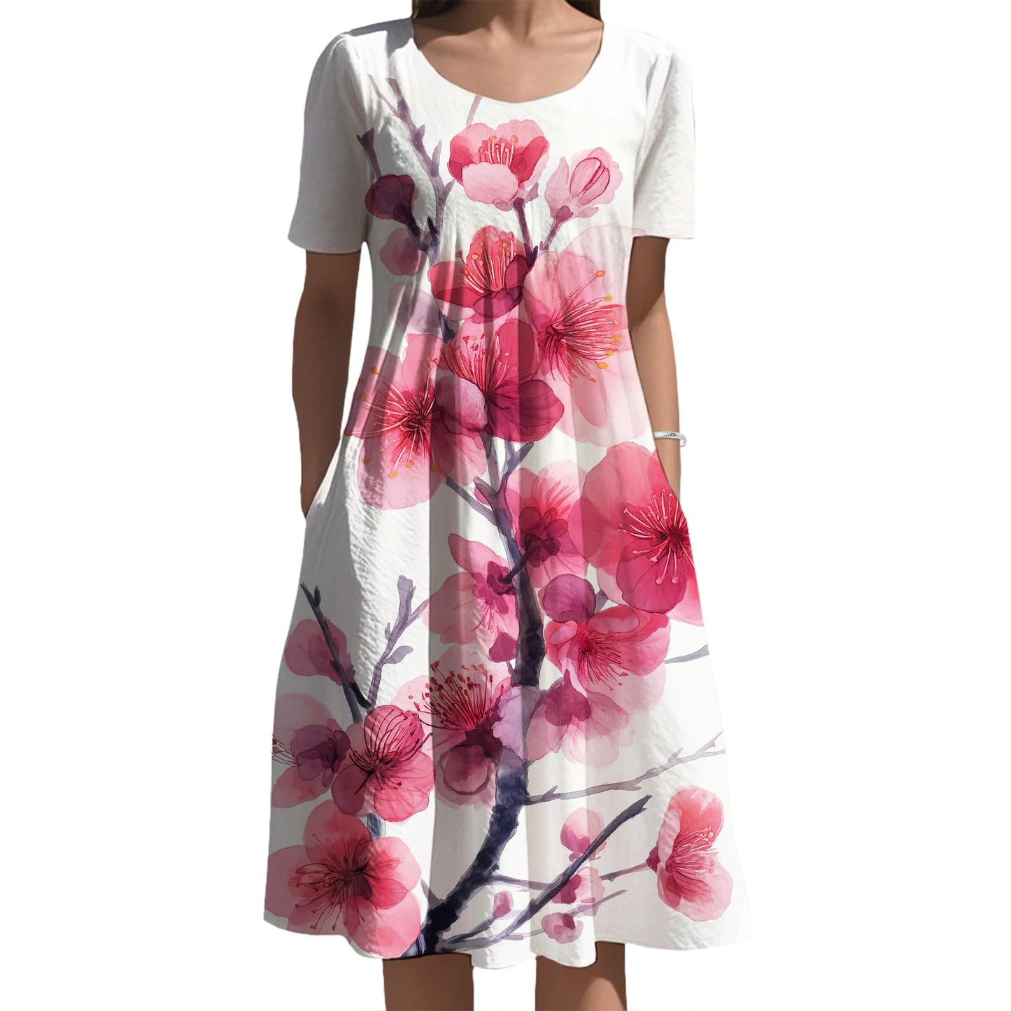 Oriental Ink Floral Midi Dress Gradient Tone for Women Elegant Daily Vacation Outfit with Side Pockets and Style