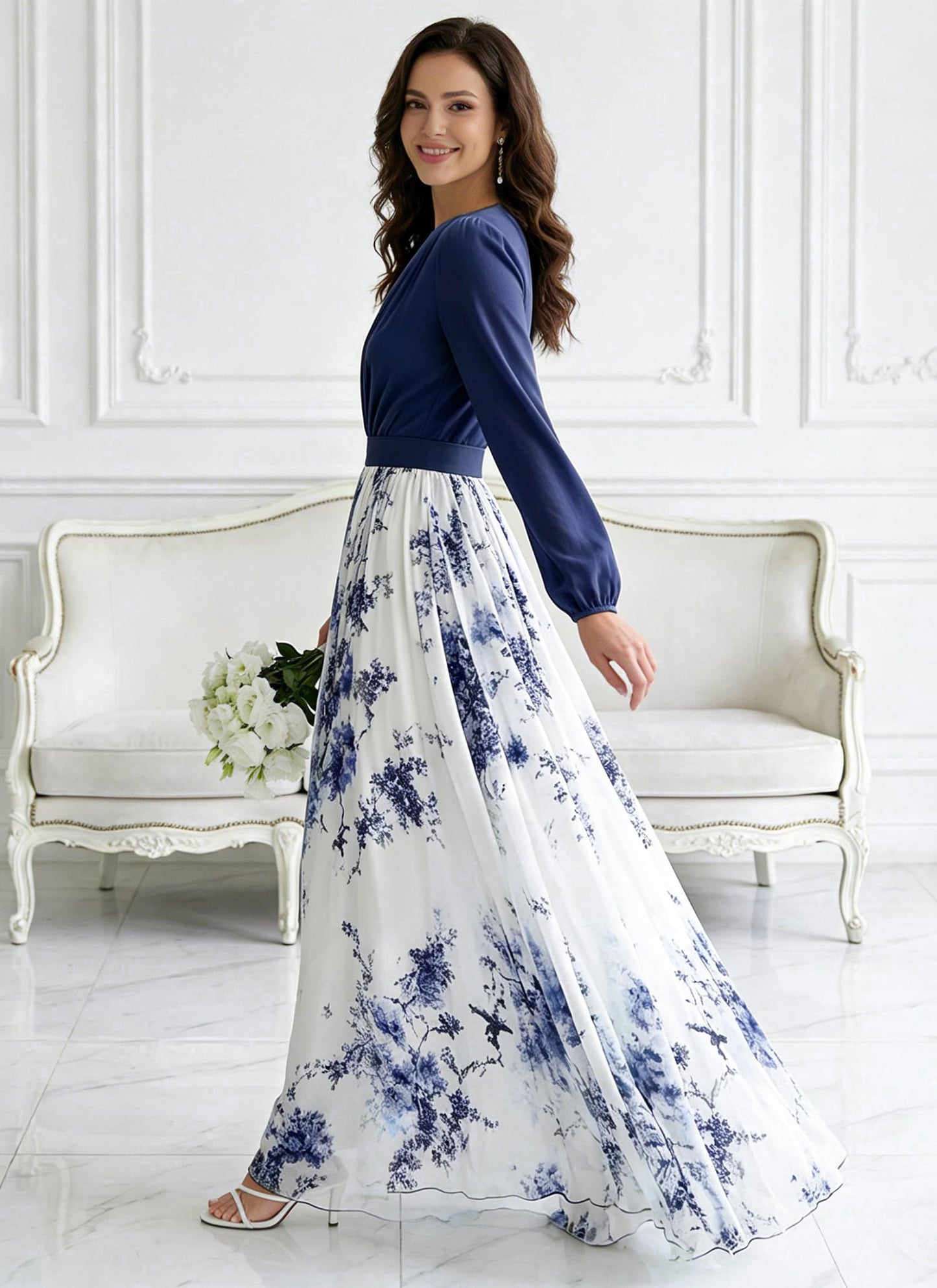 Women's Boho Floral Chiffon Maxi Dresses 2026 Summer Casual Long Sheer Sleeve Deep V Neck A-Line Beach Vacation Dress