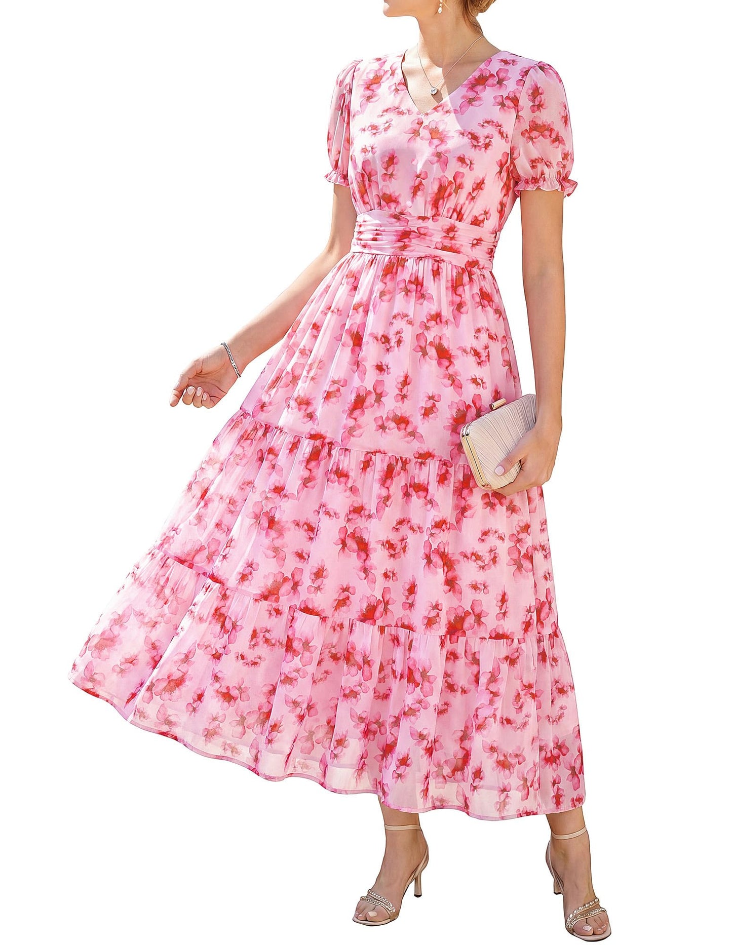 GRACE KARIN Women's 2026 Summer Wedding Guest Maxi Dresses Floral V Neck Short Sleeve Elegant Flowy Formal Dress with Pockets