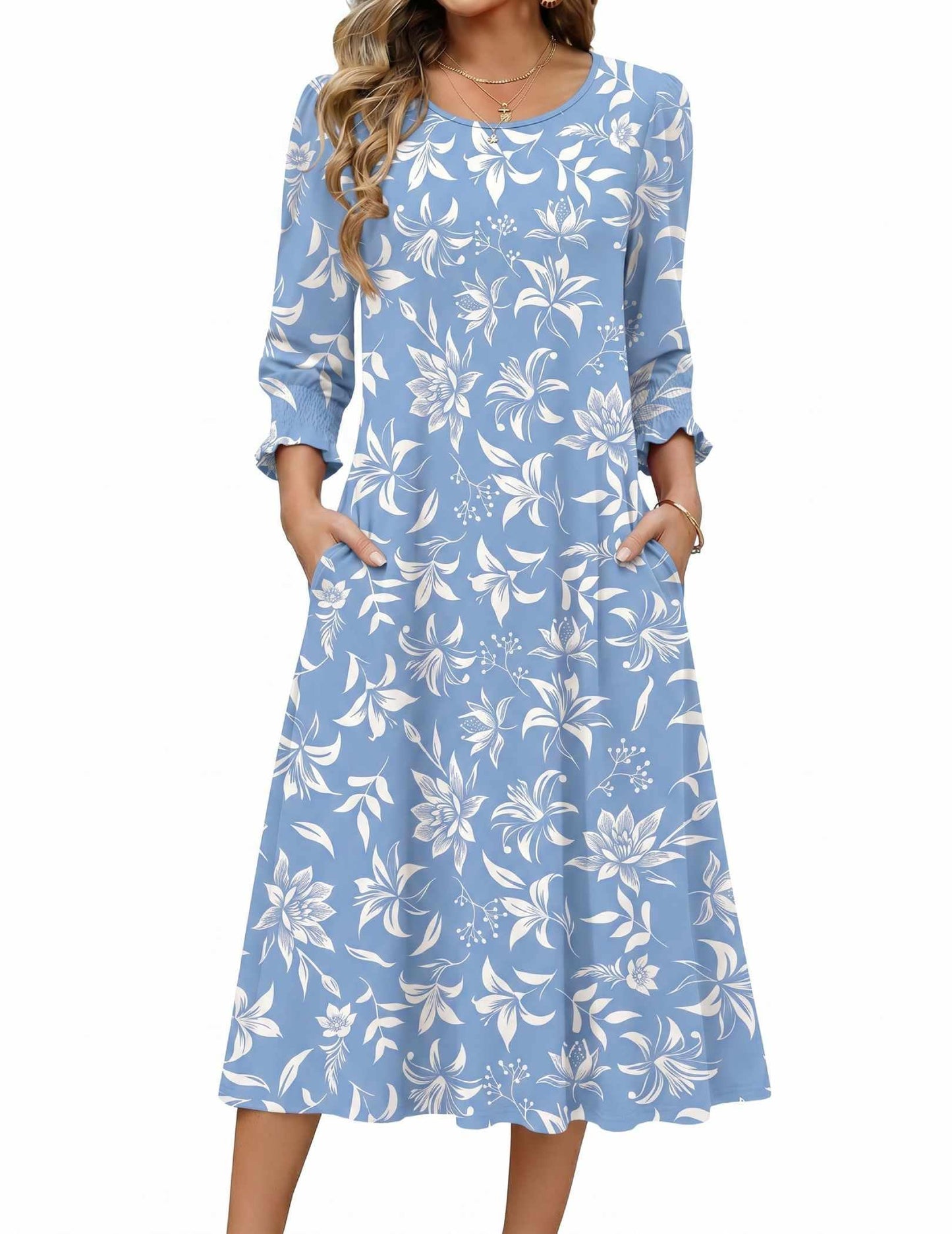 Zeagoo Summer Dresses for Women 2026 3/4 Sleeve Dress for Women Floral Midi Dresses for Casual Womens Dresses with Pockets