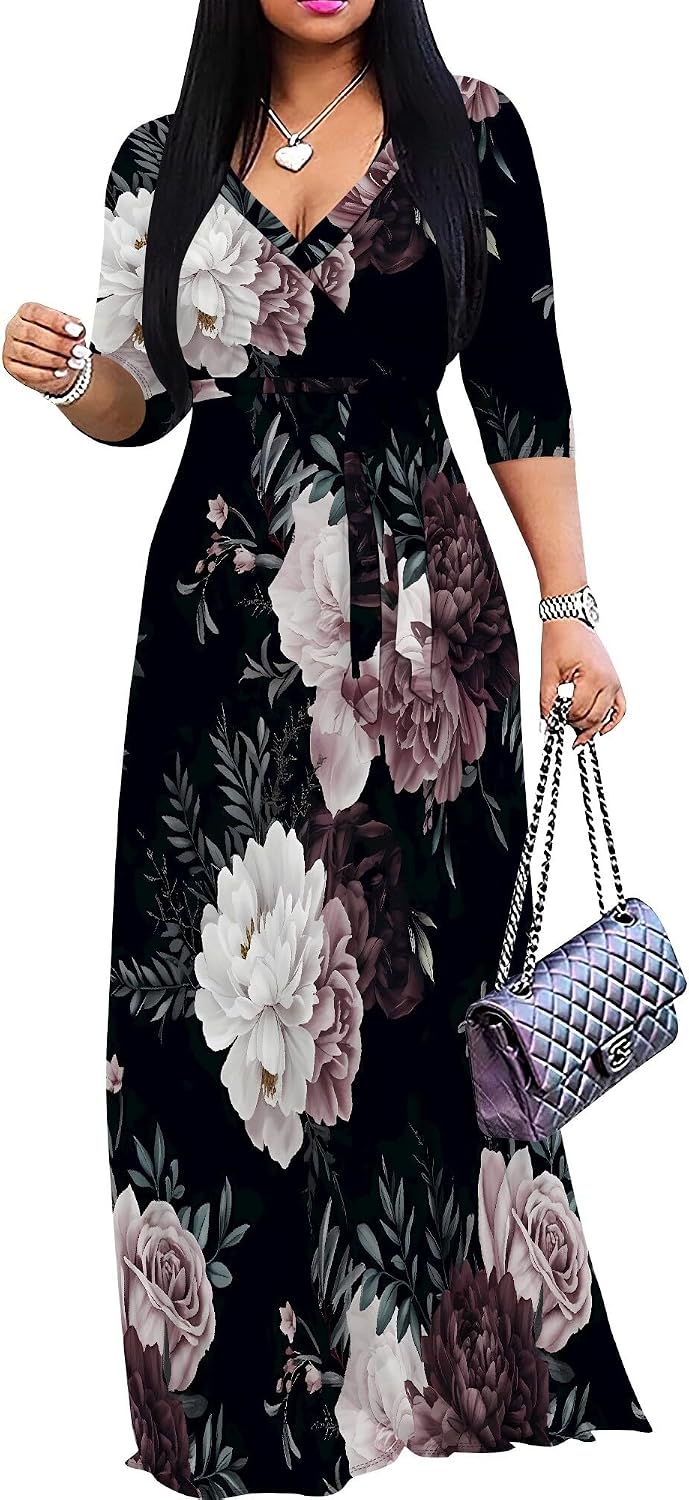 SUZONANA Plus Size Dresses for Women Floral Print Maxi Dress Flowy 3/4 Sleeve with Belt