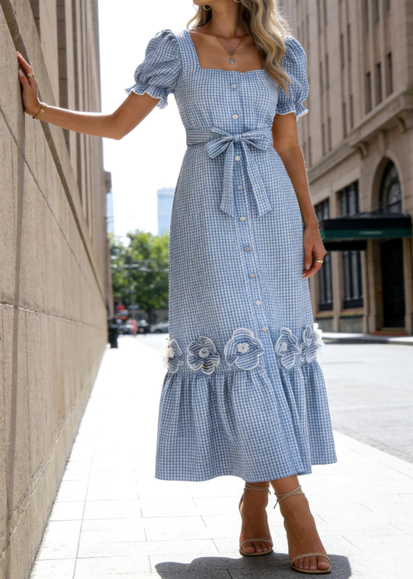 utcoco Dresses for Women Puff Short Sleeve Button Down 3D Flower Ruffle Plaid Maxi Shirt Dress
