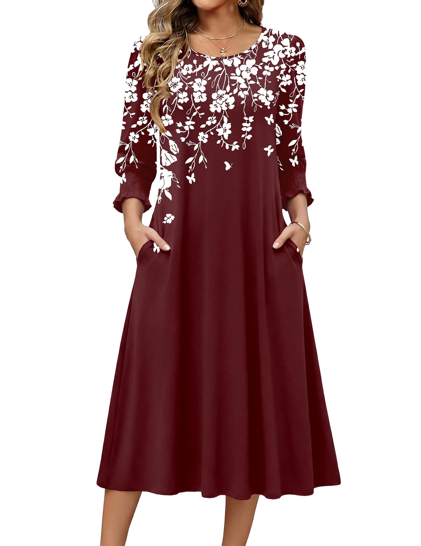 Zeagoo Summer Dresses for Women 2026 3/4 Sleeve Dress for Women Floral Midi Dresses for Casual Womens Dresses with Pockets