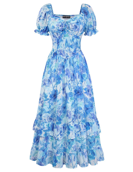 Scarlet Darkness Women Floral Cottagecore Dress Puff Sleeve Maxi Ruffled Corset Dress