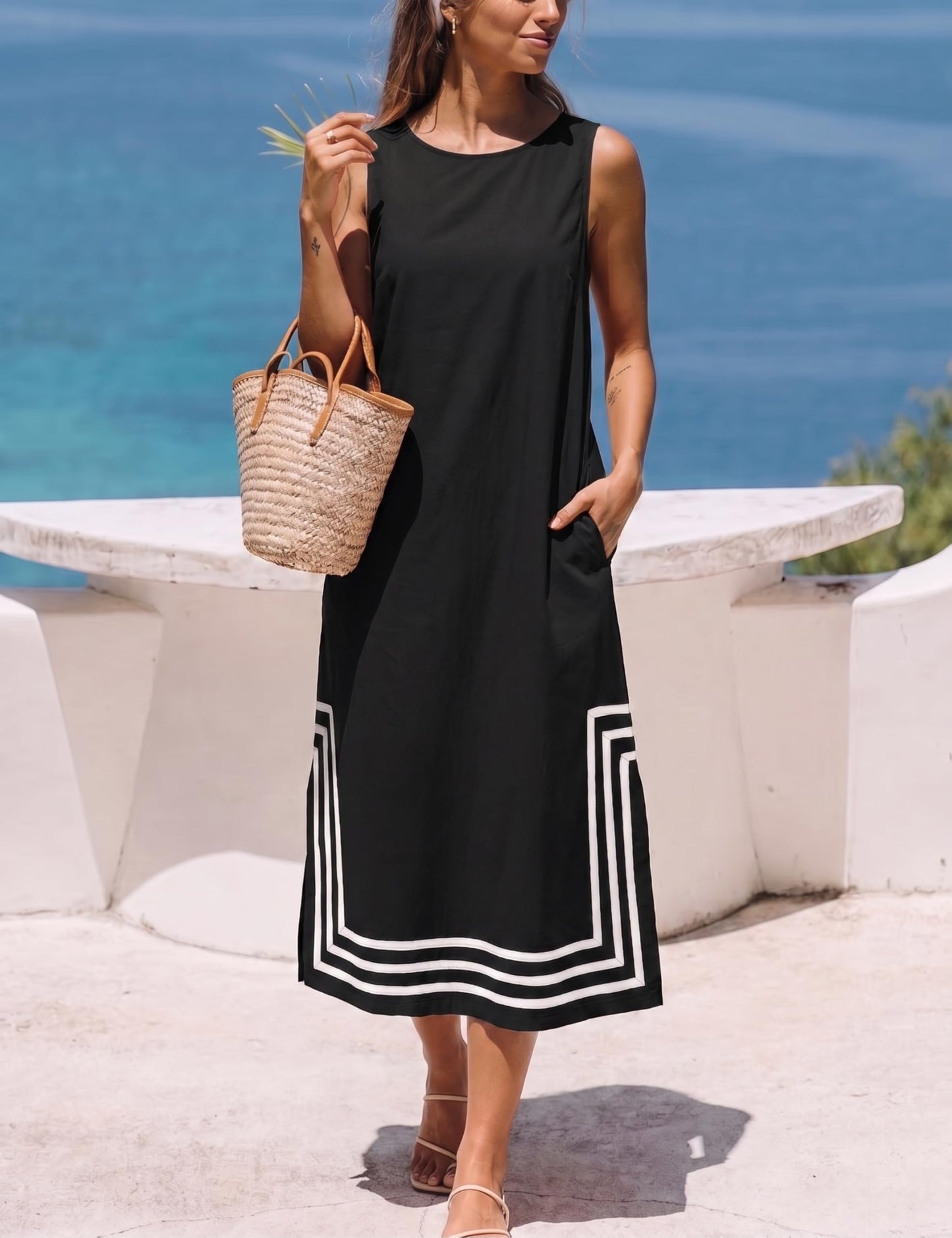 Womens Boho Linen Maxi Dress Sleeveless Split Sundress Color Block A-Line Coverups Beach Vacation Dress with Pockets