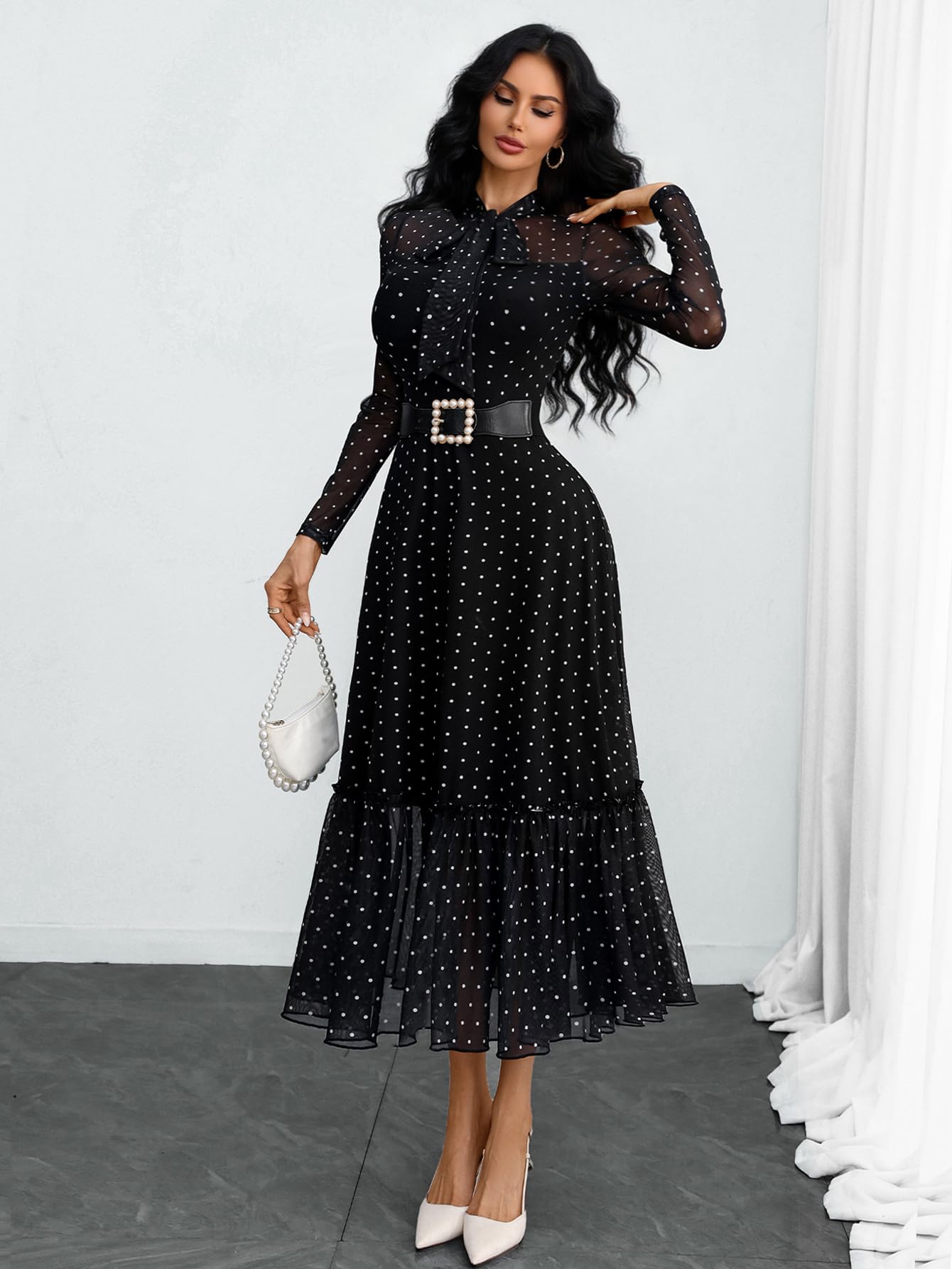 GothDark Polka Dot Dress for Women Mesh Tie Neck Bow Sheer Sleeve Flowy Ruffle Hem Going Out Wedding Guest Casual Dress