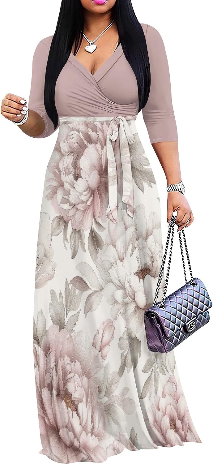 SUZONANA Plus Size Dresses for Women Floral Print Maxi Dress Flowy 3/4 Sleeve with Belt