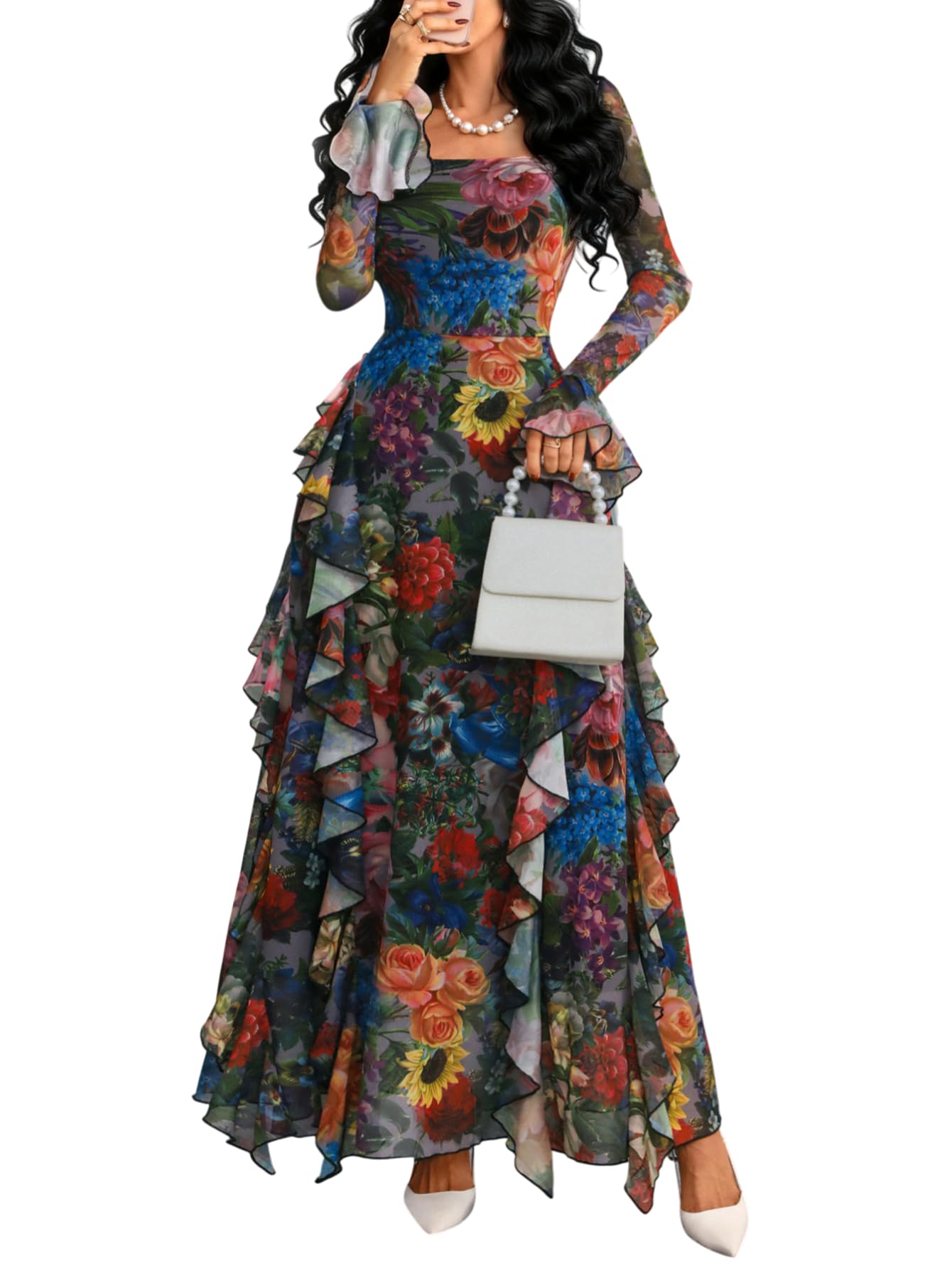 GothDark Women's Floral Dress Mesh Sheer Long Sleeve Square Neck Ruffle Layered Elegant Date Night Holiday Party Outfit