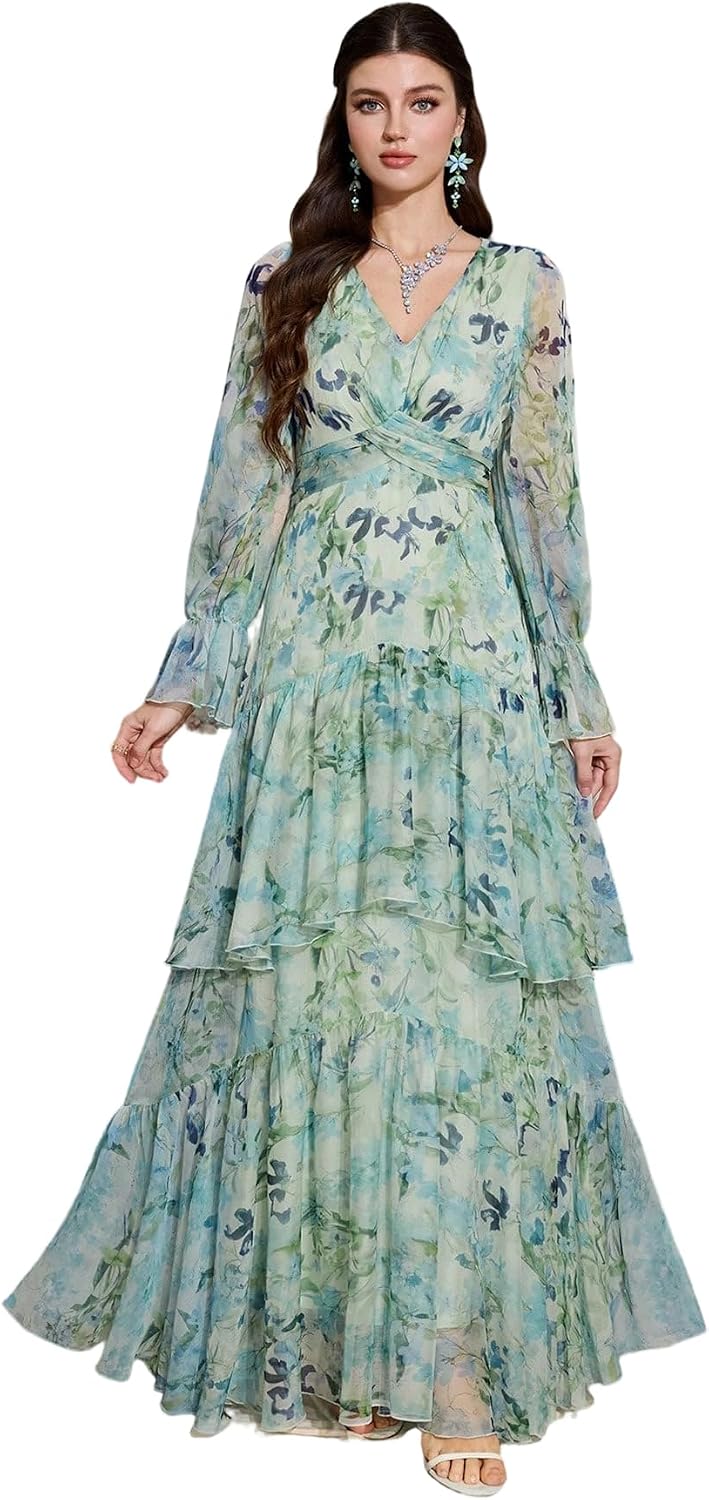TOLEEN Summer Casual Dresses for Women 2024 Spring Fashion Boho V Neck Long Sleeve Ruffle Floral Print Elegant Maxi Dress
