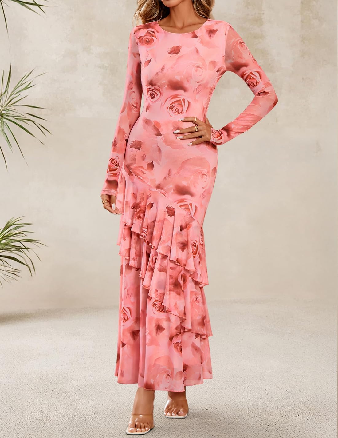 ZESICA Women's Fall Floral Bodycon Maxi Wedding Guest Dresses