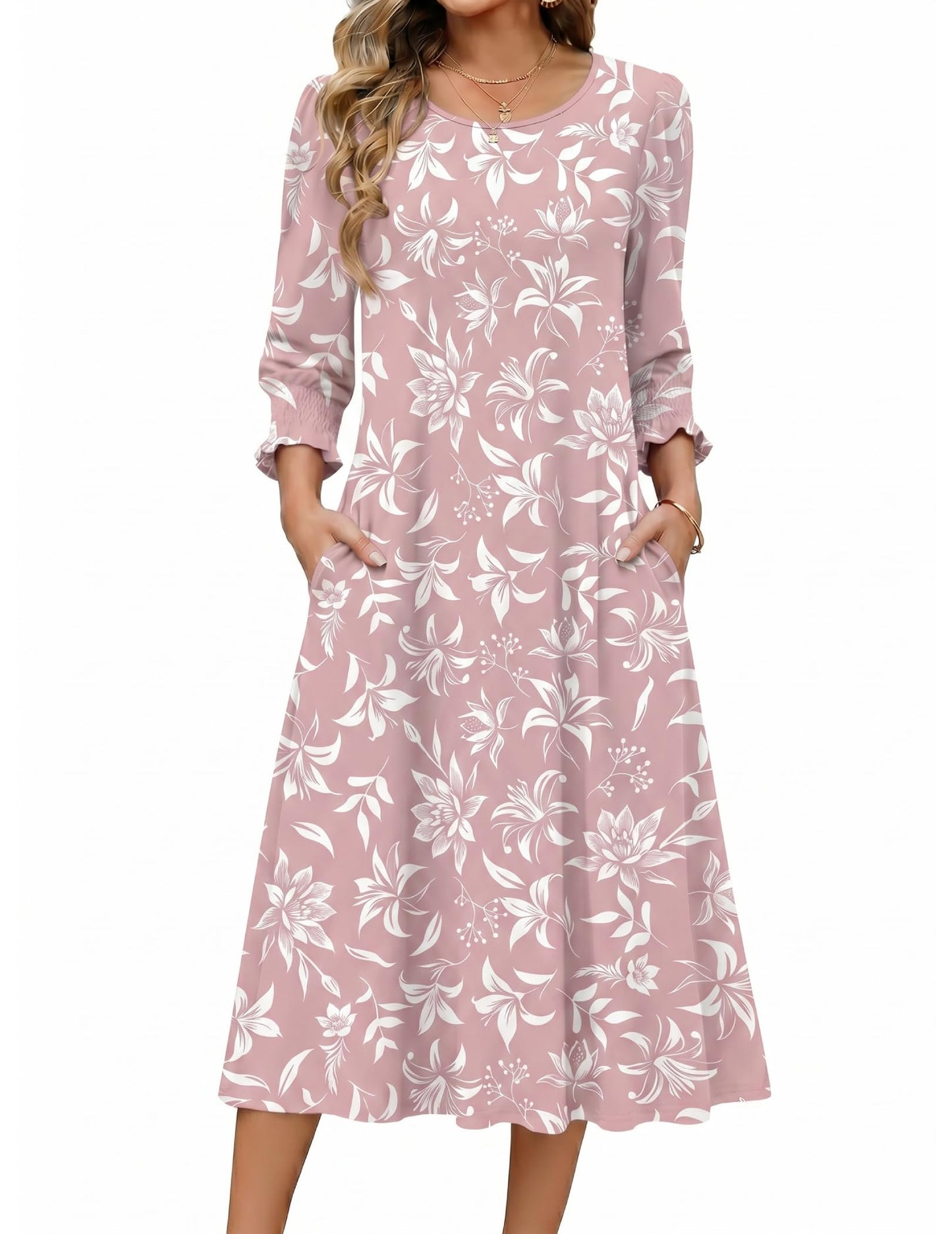 Zeagoo Summer Dresses for Women 2026 3/4 Sleeve Dress for Women Floral Midi Dresses for Casual Womens Dresses with Pockets