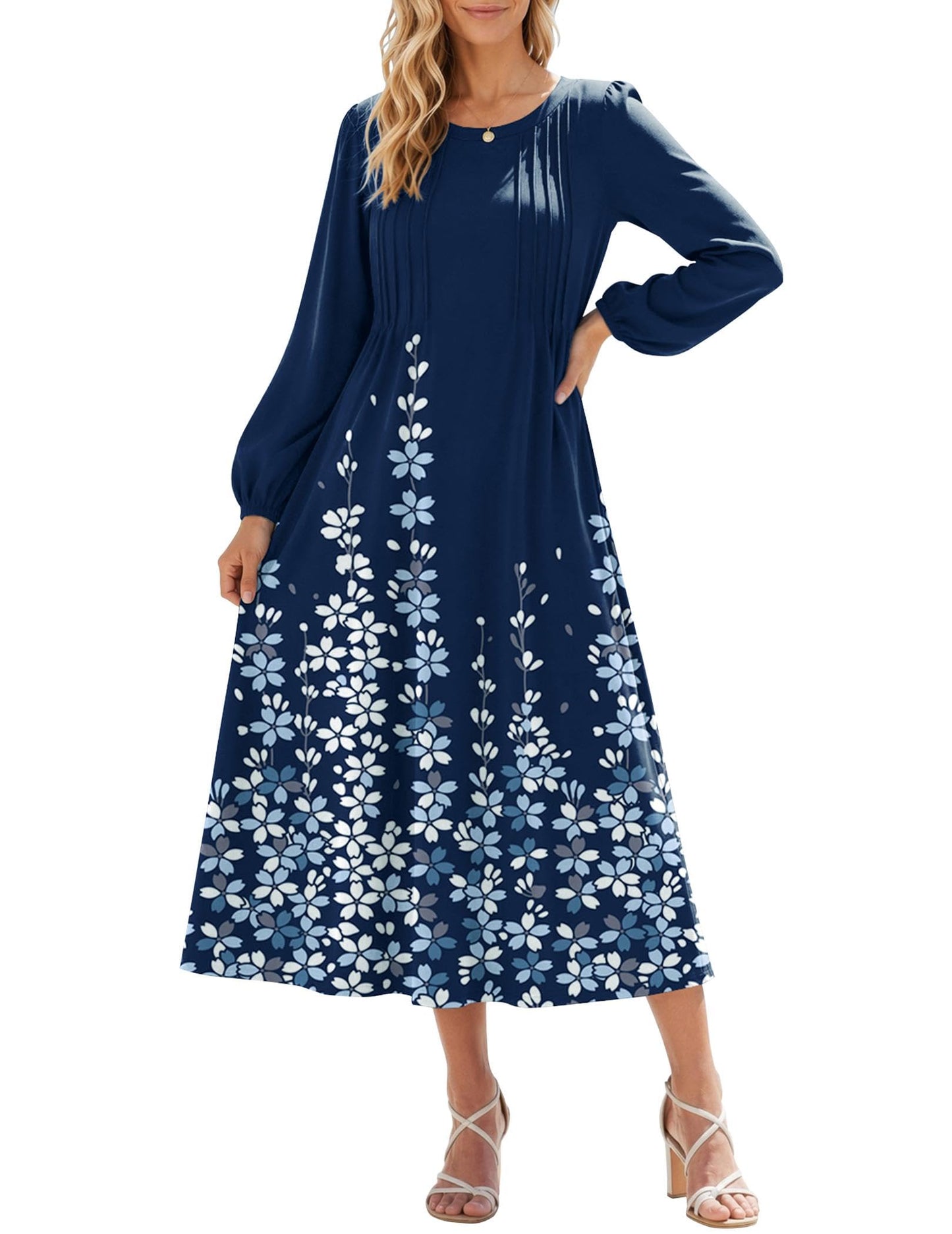 Zeagoo Fall Dresses for Women Long Sleeve Midi Dress Casual A Line Dresses 2026 Pleated Flare Dress with Pockets