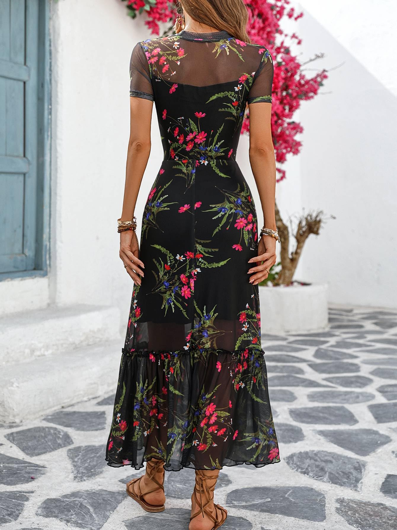 GothDark Women's Summer Floral Mesh Ruffle Dress Short Sleeve Round Neck Waist Cinched Casual Maxi Wedding Guest Dresses