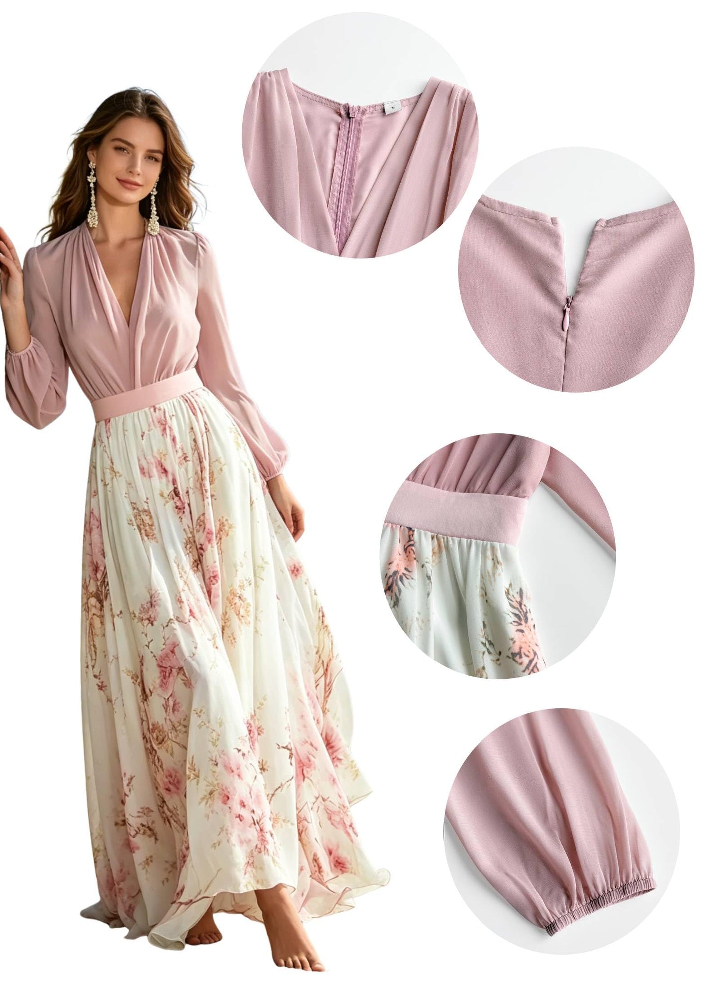 Women's Boho Floral Chiffon Maxi Dresses 2026 Summer Casual Long Sheer Sleeve Deep V Neck A-Line Beach Vacation Dress