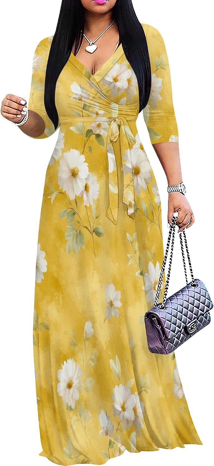 SUZONANA Plus Size Dresses for Women Floral Print Maxi Dress Flowy 3/4 Sleeve with Belt