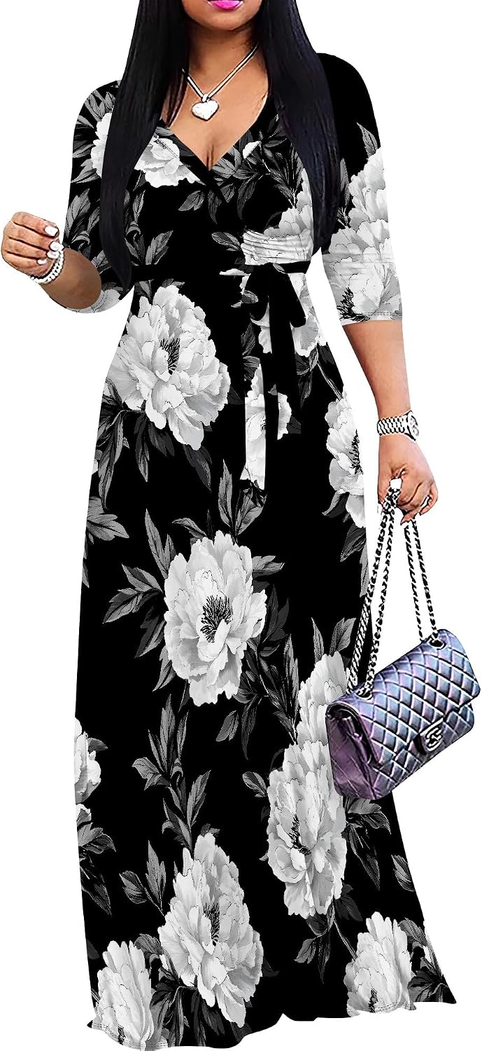 SUZONANA Plus Size Dresses for Women Floral Print Maxi Dress Flowy 3/4 Sleeve with Belt