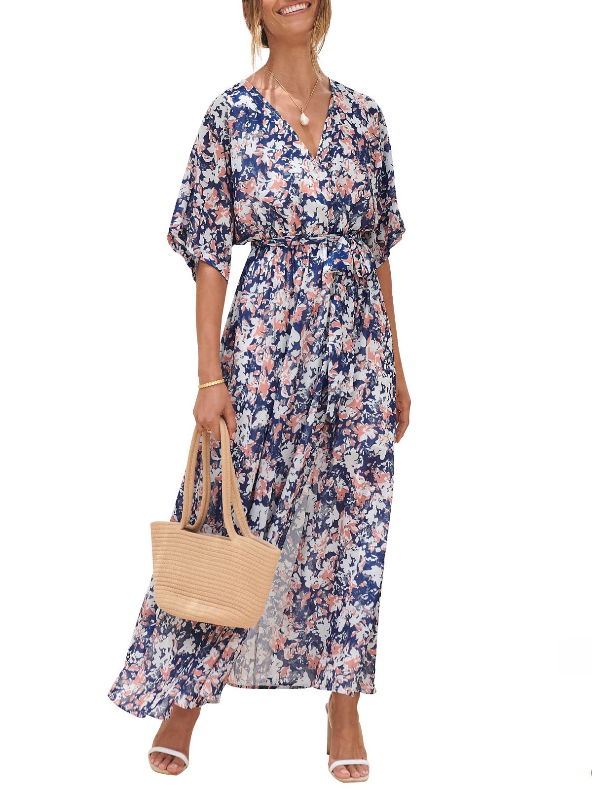 ANRABESS Womens 1/2 Sleeve Beach Wedding Guest Maxi Dresses 2026 Summer Wrap V Neck Boho Floral Flowy Slit Long Dresses