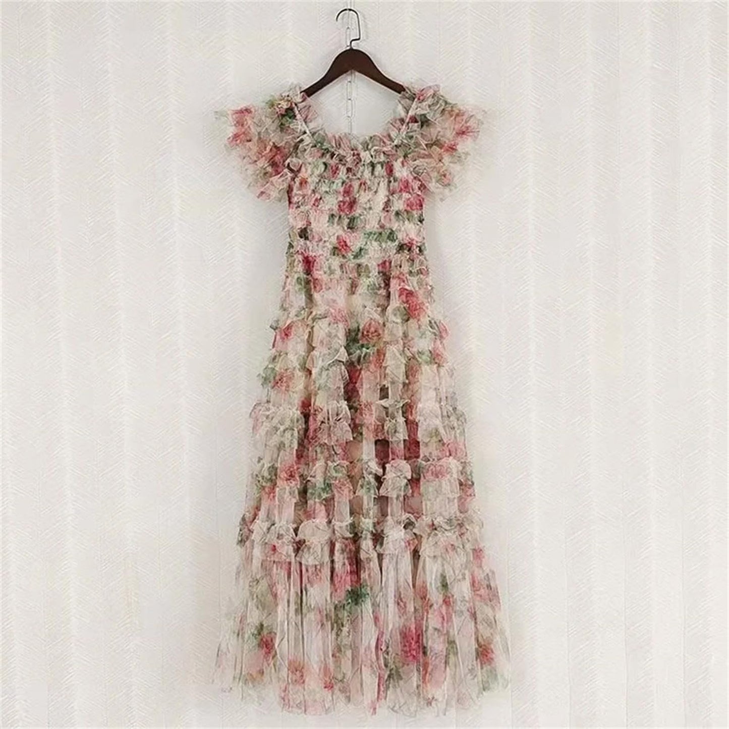 Women Summer Floral Long Dress Holiday Tulle Layer Ruffles Evening Party Maxi Vestidos