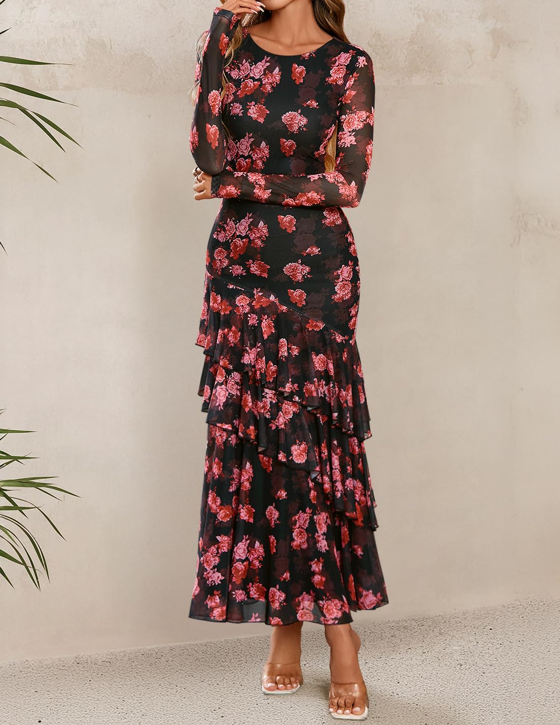 ZESICA Women's Fall Floral Bodycon Maxi Wedding Guest Dresses