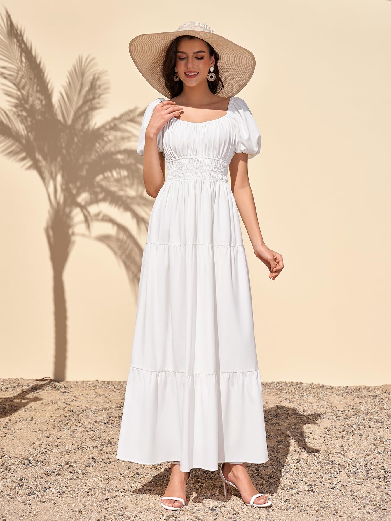 Women Puff Sleeve Wedding Guest Maxi Dress Floral Flowy A Line Tiered Beach Long Dresses