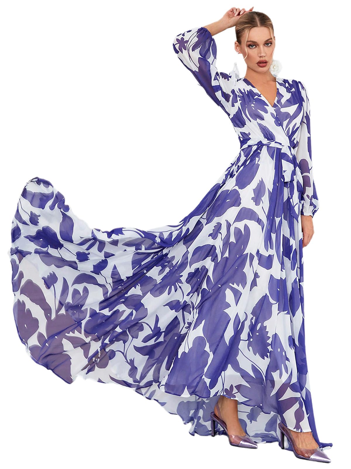 TOLEEN Summer Casual Dresses for Women 2024 Spring Fashion Boho V Neck Long Sleeve Ruffle Floral Print Elegant Maxi Dress