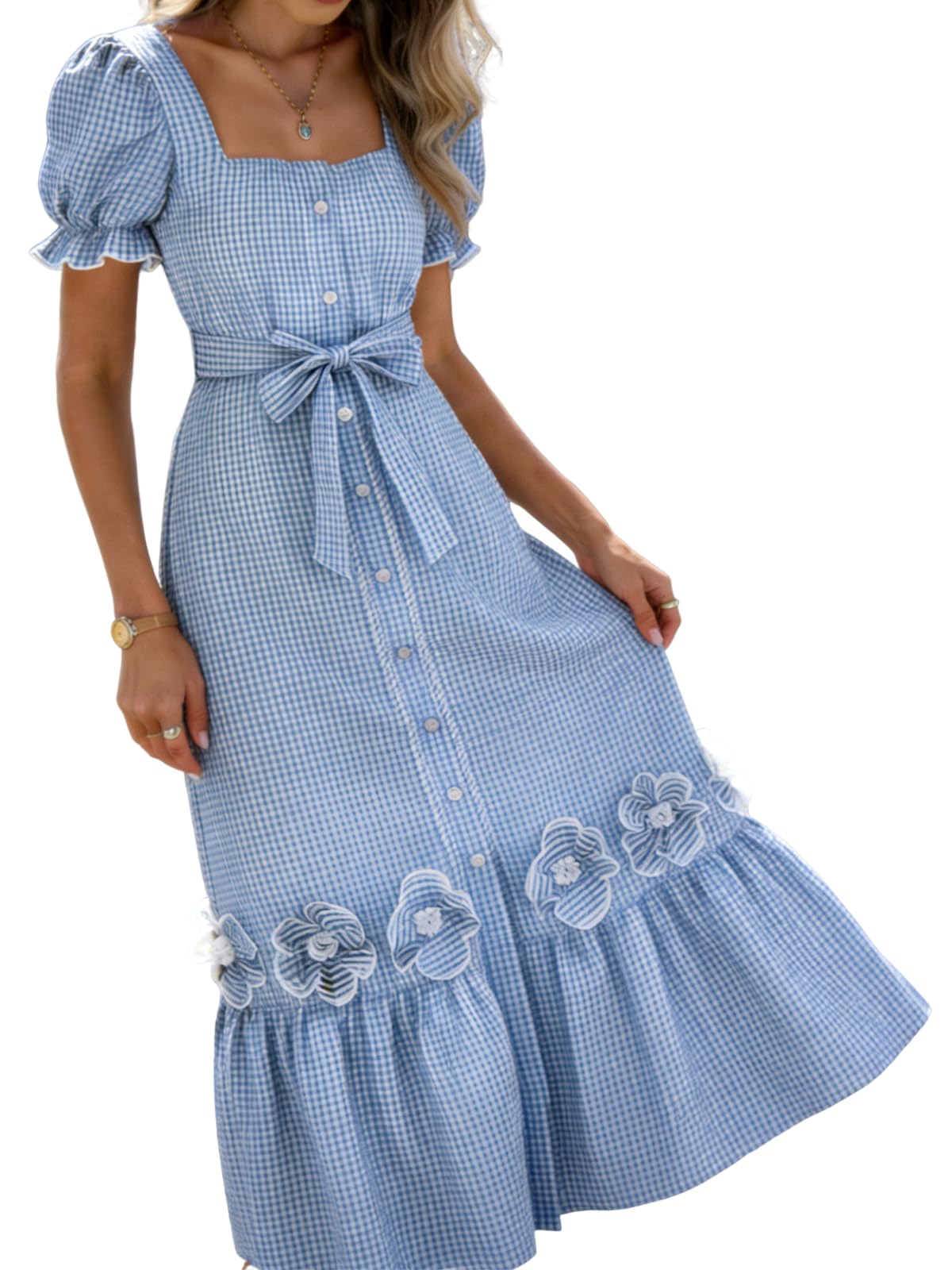 utcoco Dresses for Women Puff Short Sleeve Button Down 3D Flower Ruffle Plaid Maxi Shirt Dress