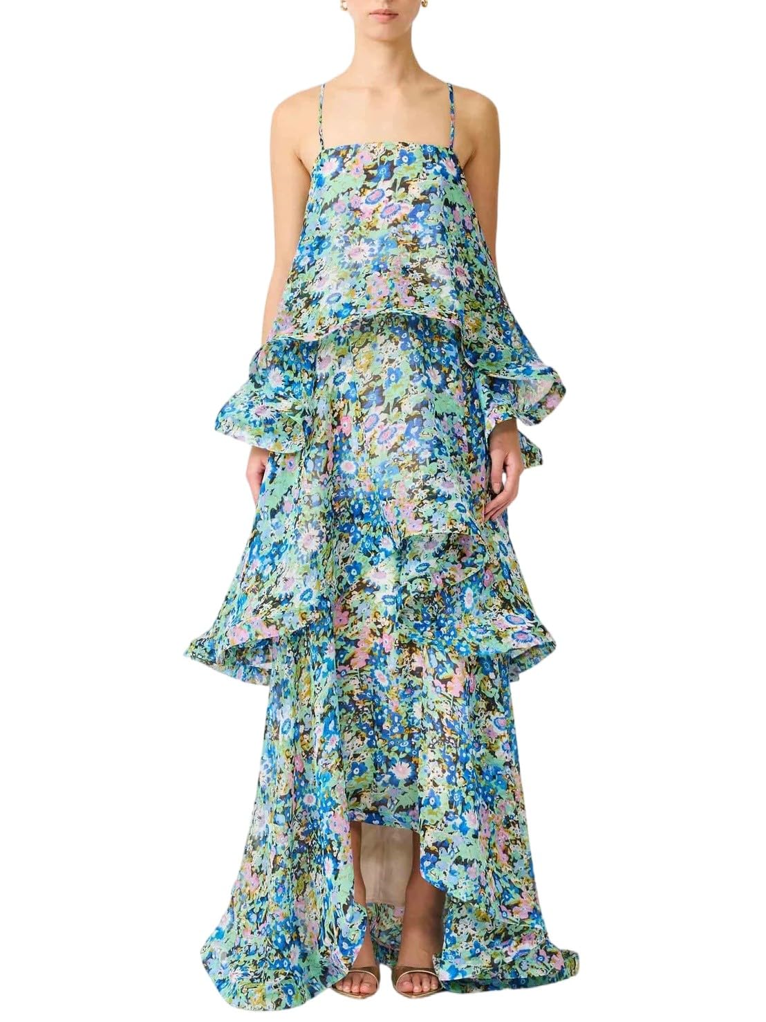 Women's Elegant Print Layered Ruffle Prom Dress Spaghetti Strap Backless Loose Chiffon Maxi Dress