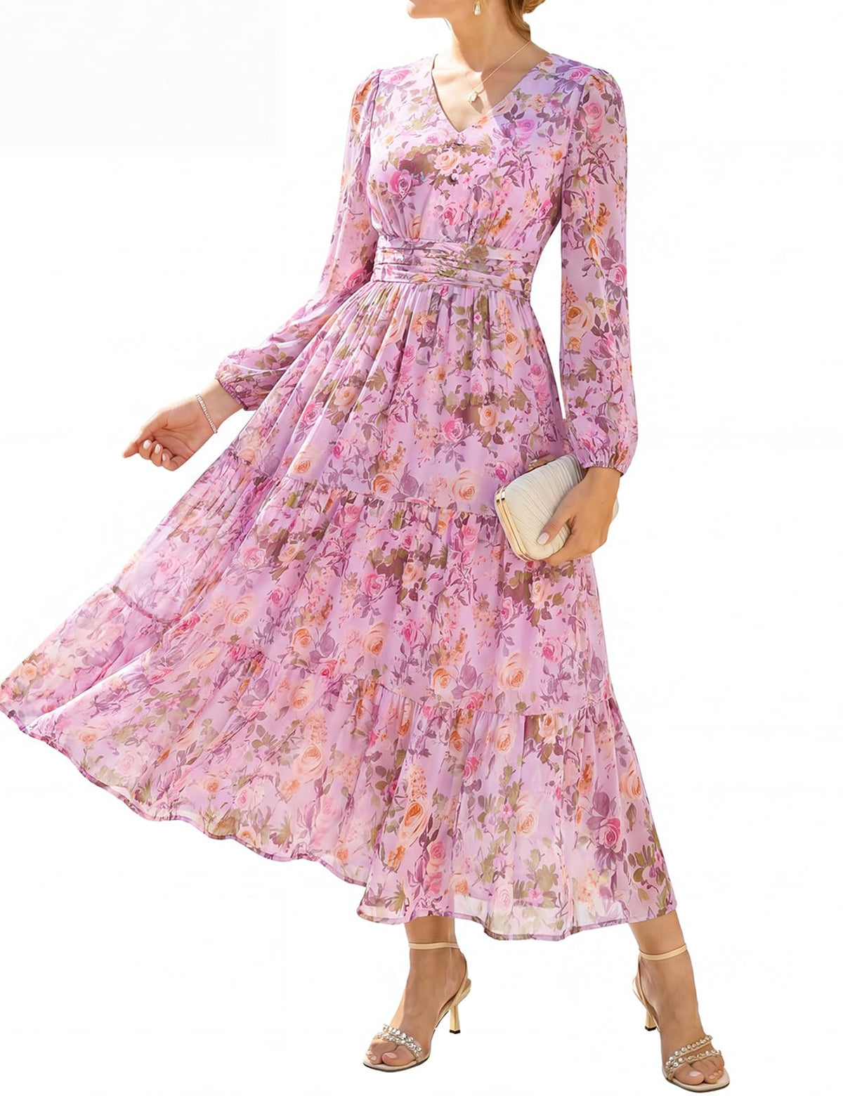 GRACE KARIN Women Floral Maxi Dress Fall Long Sleeve Wedding Guest Dresses