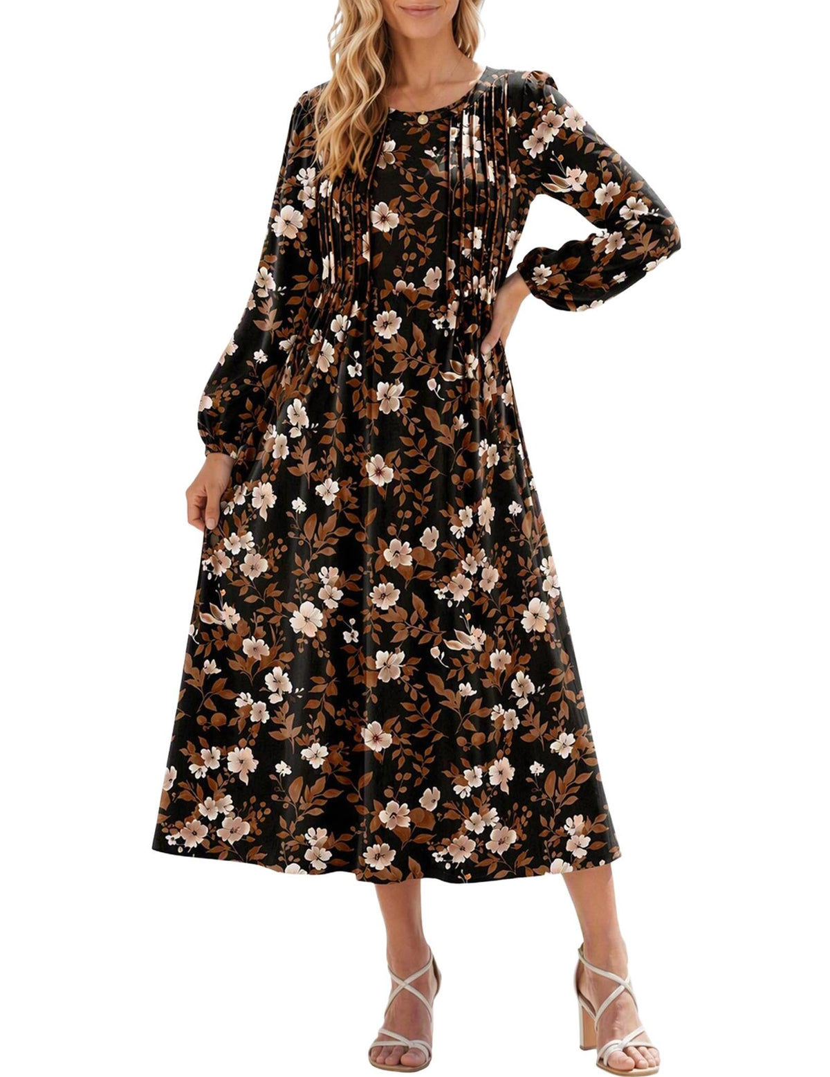 Zeagoo Fall Dresses for Women Long Sleeve Midi Dress Casual A Line Dresses 2026 Pleated Flare Dress with Pockets