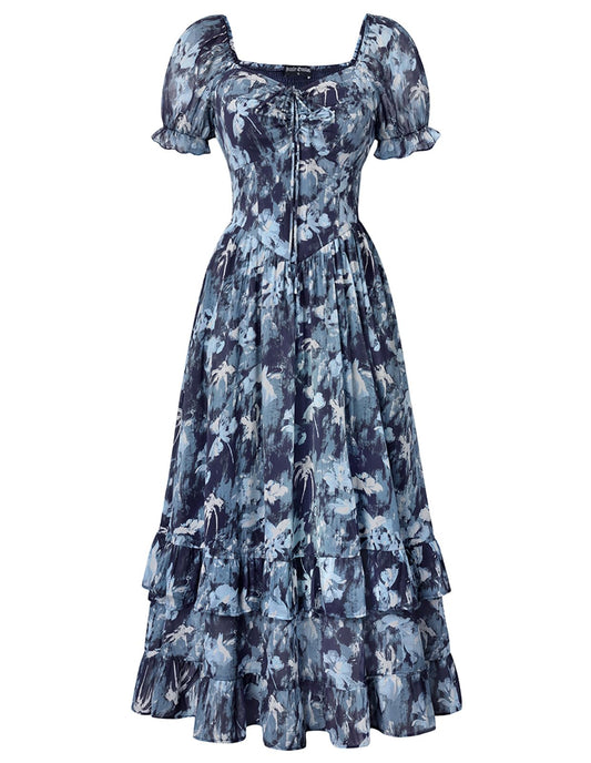 Scarlet Darkness Women Floral Cottagecore Dress Puff Sleeve Maxi Ruffled Corset Dress