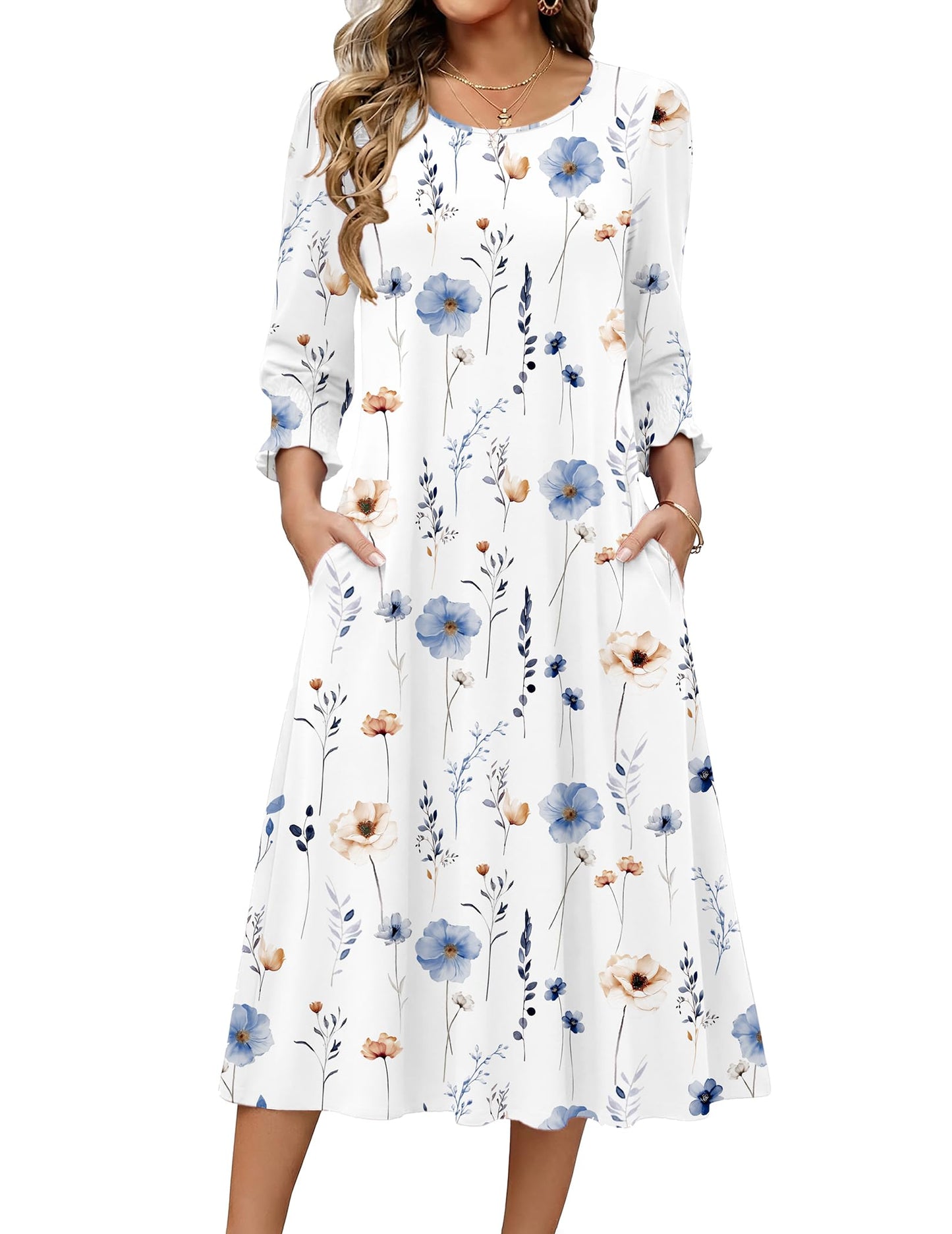 Zeagoo Summer Dresses for Women 2026 3/4 Sleeve Dress for Women Floral Midi Dresses for Casual Womens Dresses with Pockets