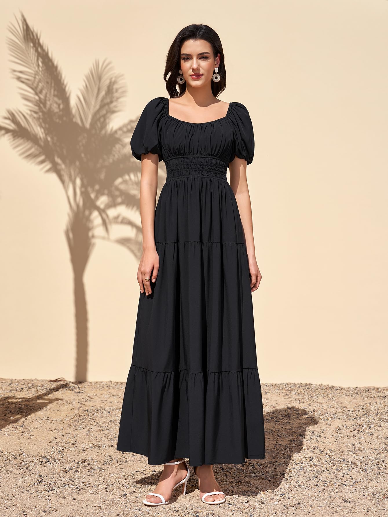 Women Puff Sleeve Wedding Guest Maxi Dress Floral Flowy A Line Tiered Beach Long Dresses