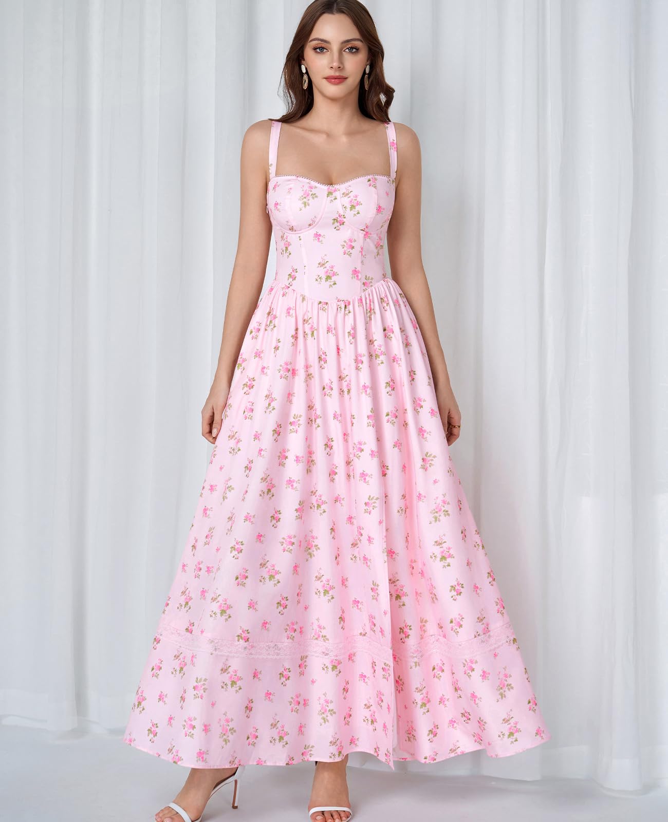 GLNEGE Floral Corset Wedding Guest Maxi Dress Summer Spring Flowy A Line Slit Tea Party Sundress for Women with Pockets