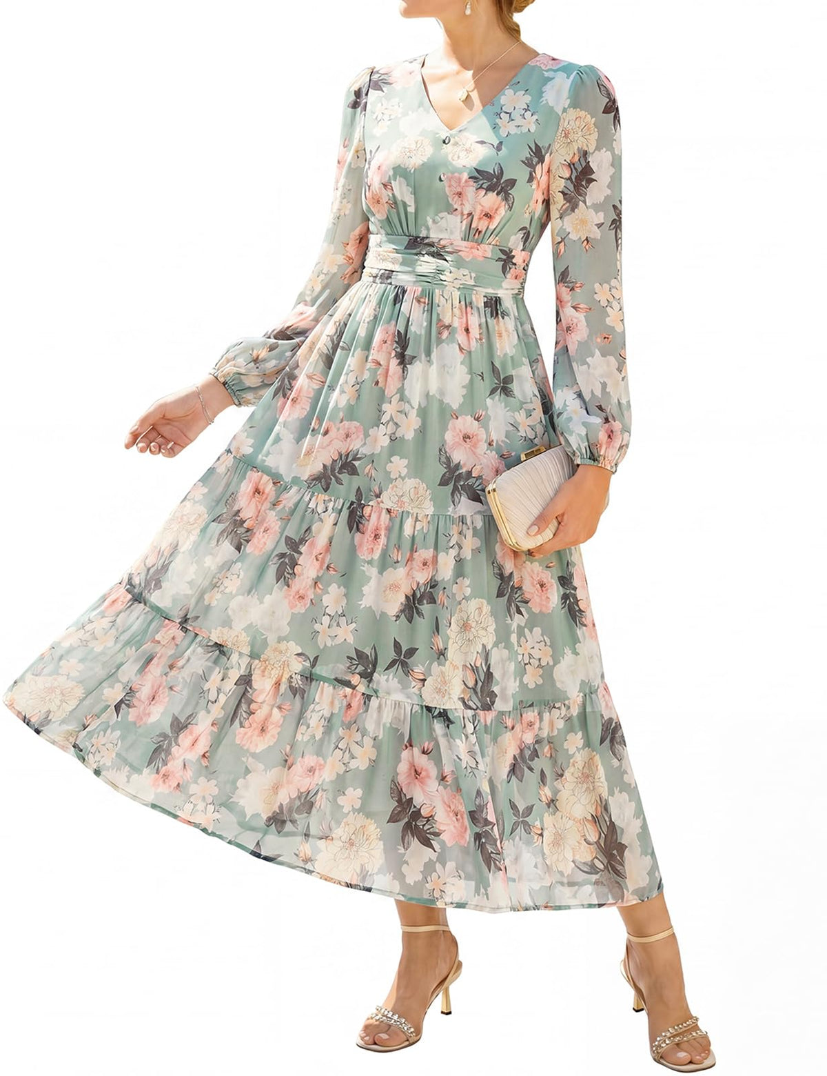 GRACE KARIN Women Floral Maxi Dress Fall Long Sleeve Wedding Guest Dresses