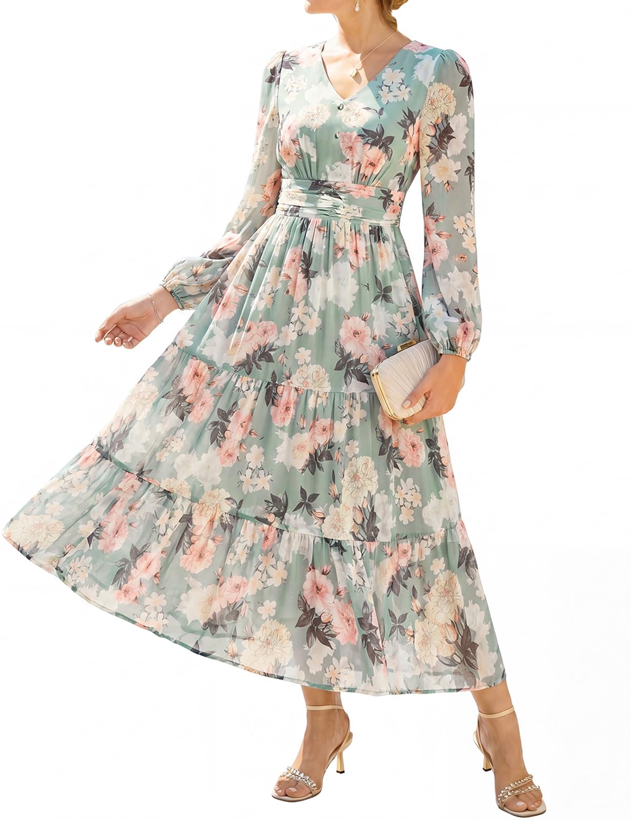 GRACE KARIN Women Floral Maxi Dress Fall Long Sleeve Wedding Guest Dresses