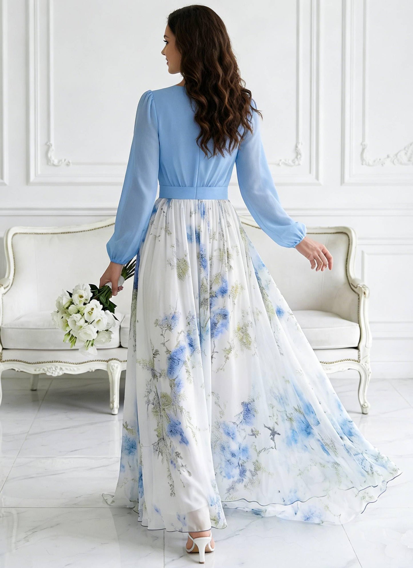 Women's Boho Floral Chiffon Maxi Dresses 2026 Summer Casual Long Sheer Sleeve Deep V Neck A-Line Beach Vacation Dress