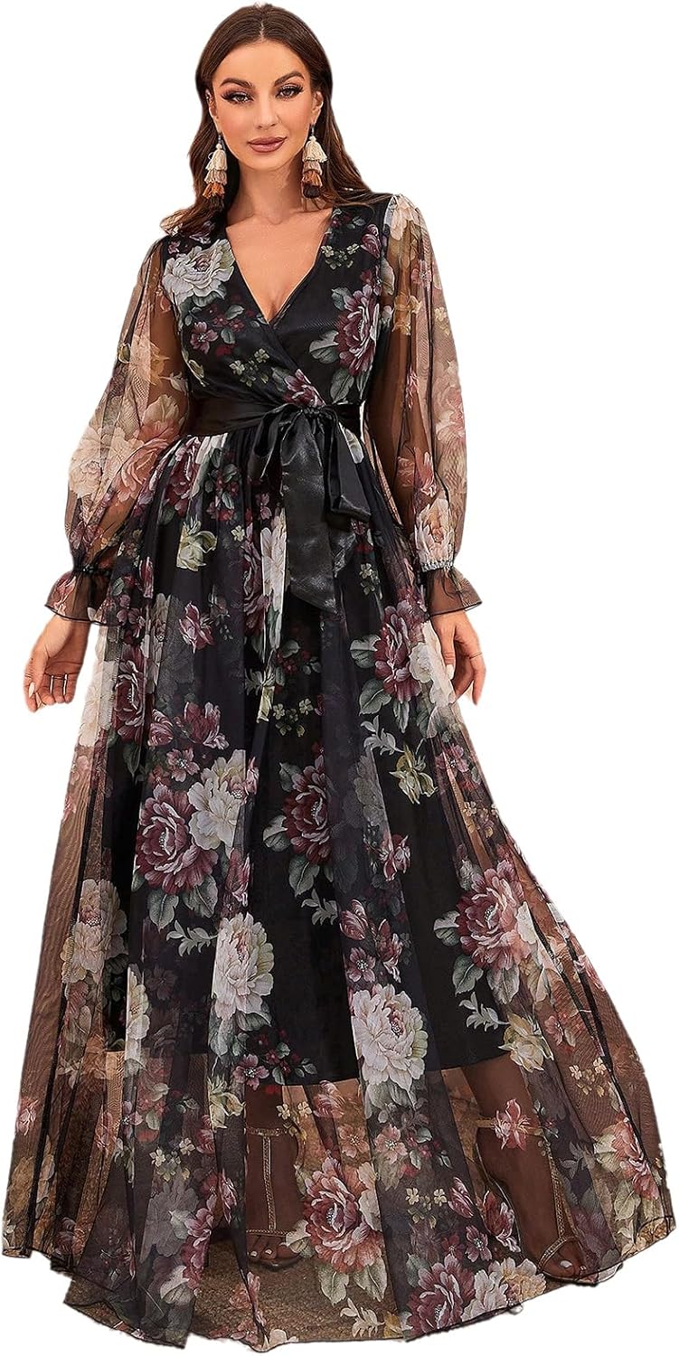 TOLEEN Summer Casual Dresses for Women 2024 Spring Fashion Boho V Neck Long Sleeve Ruffle Floral Print Elegant Maxi Dress