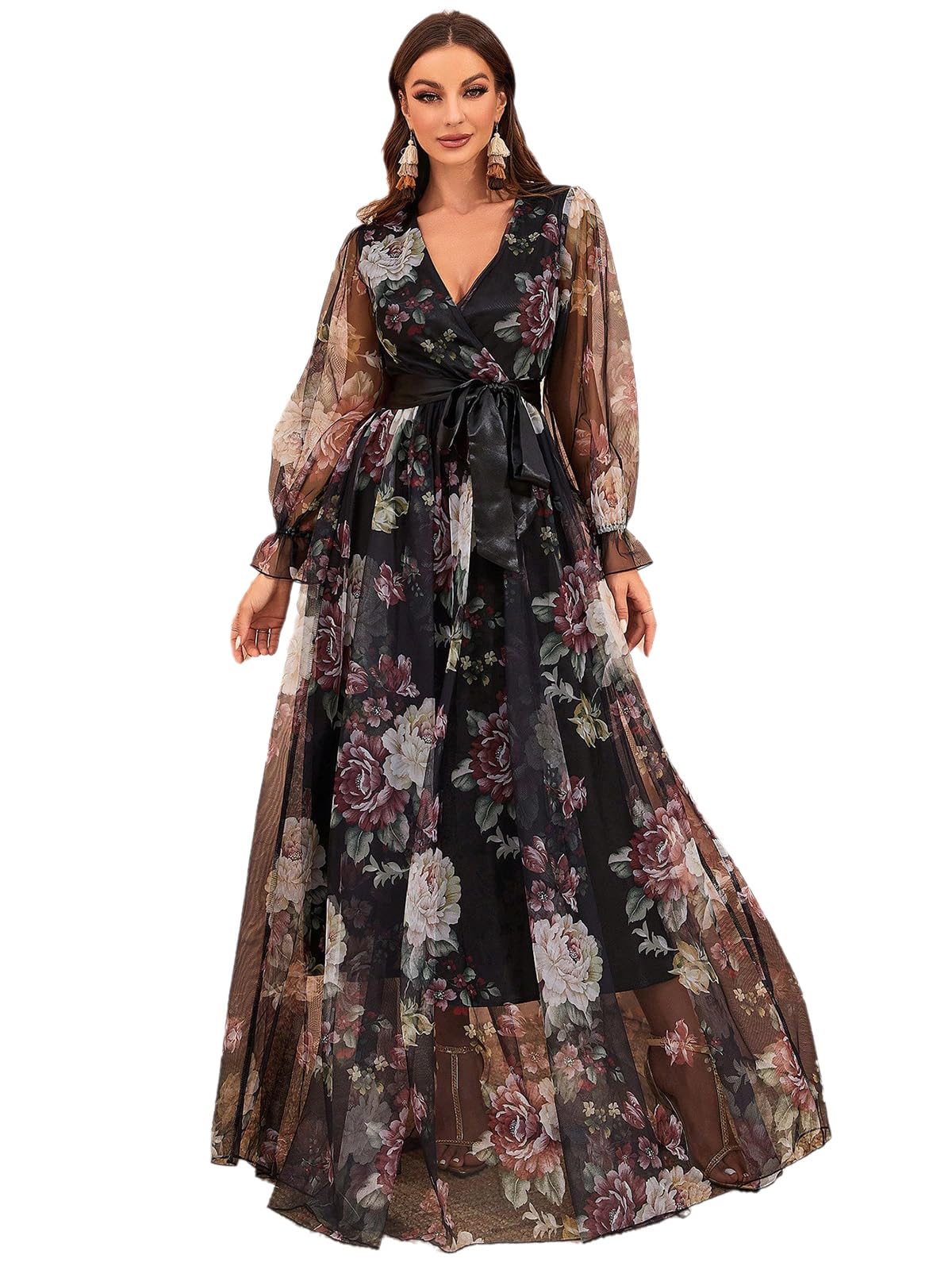 Womens Summer Dresses,Floral Patterns Vintage Elegant Cocktail Long Sleeve Boho Casual Maxi Wedding Guest Dresses for Women